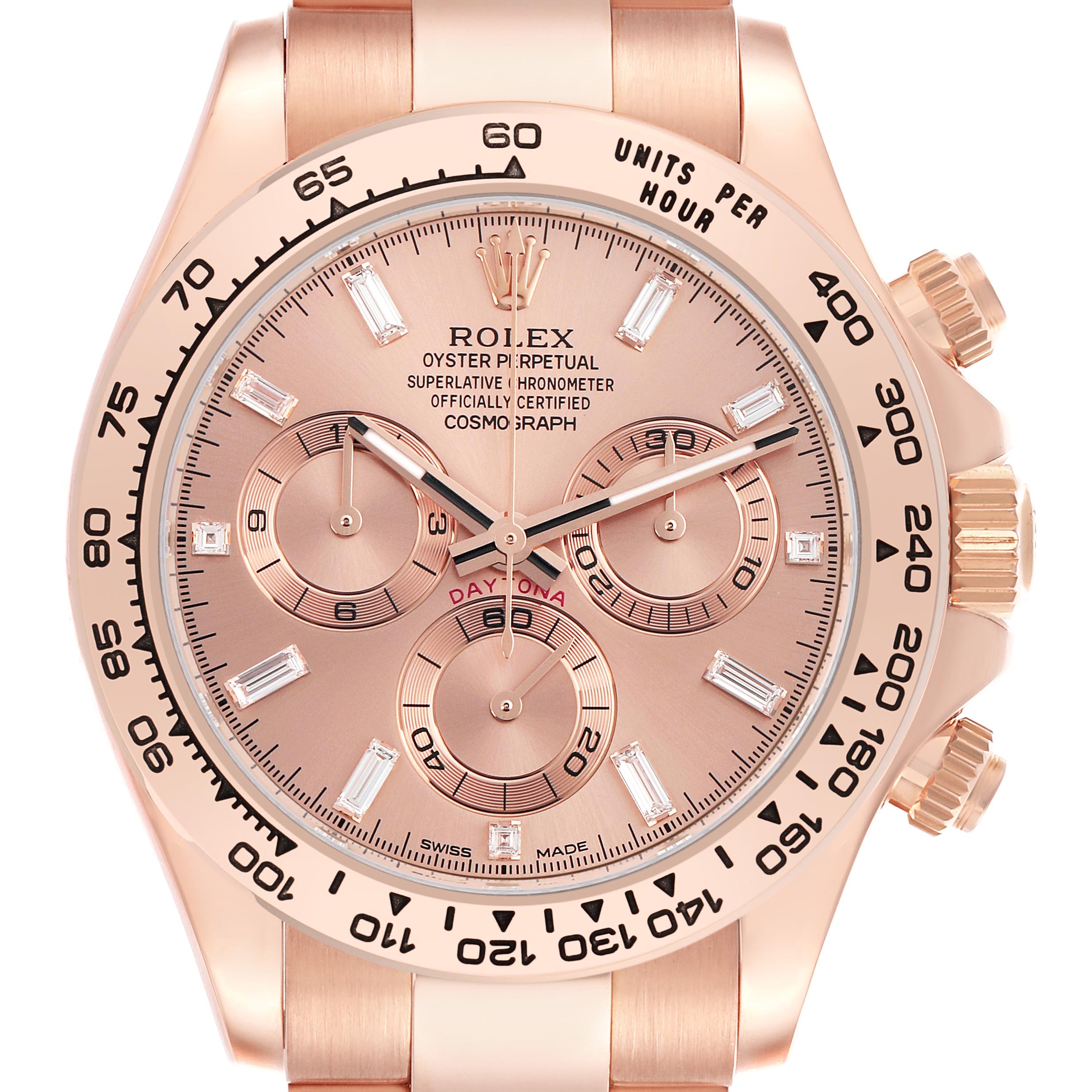 The Rolex Daytona 116505 Men
s Rose Gold Pink Dial 116505 Men
s Rose Gold Pink Dial watch is shown from the front, highlighting the face, bezel, and side crowns.