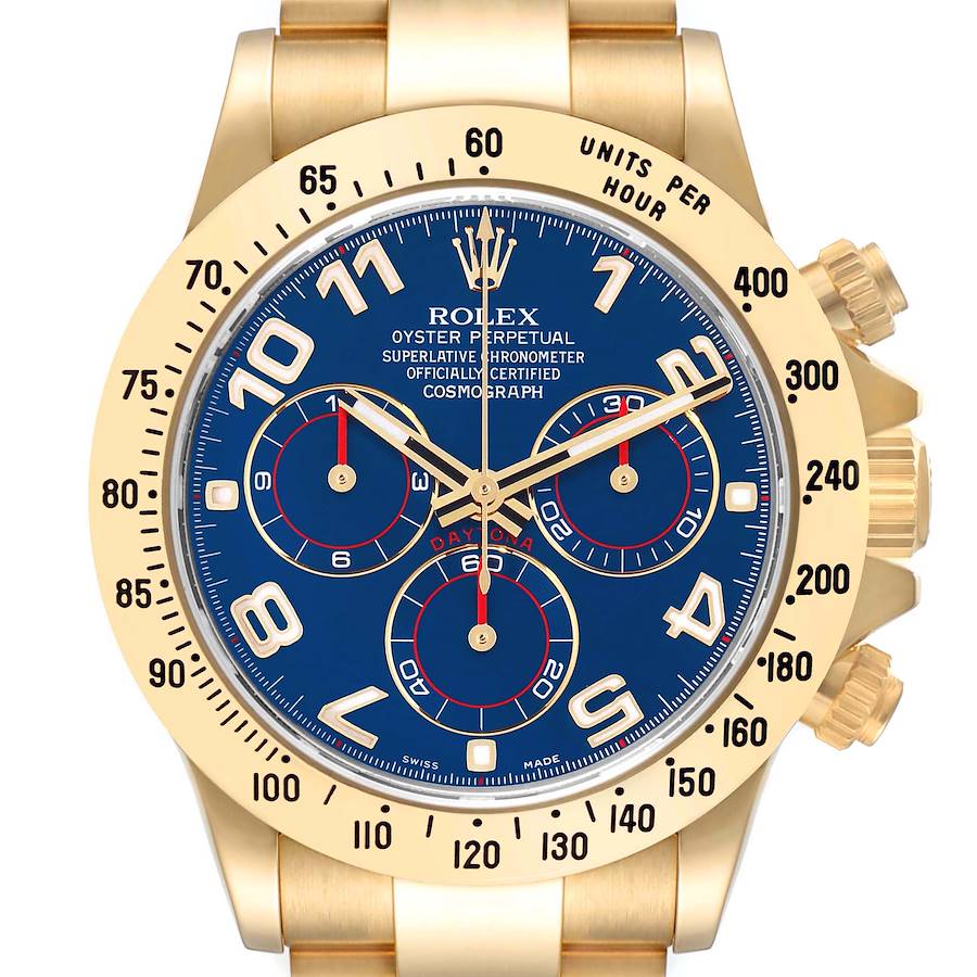 Rolex Cosmograph Daytona Yellow Gold Blue Racing Dial Watch 116528 Box Card SwissWatchExpo