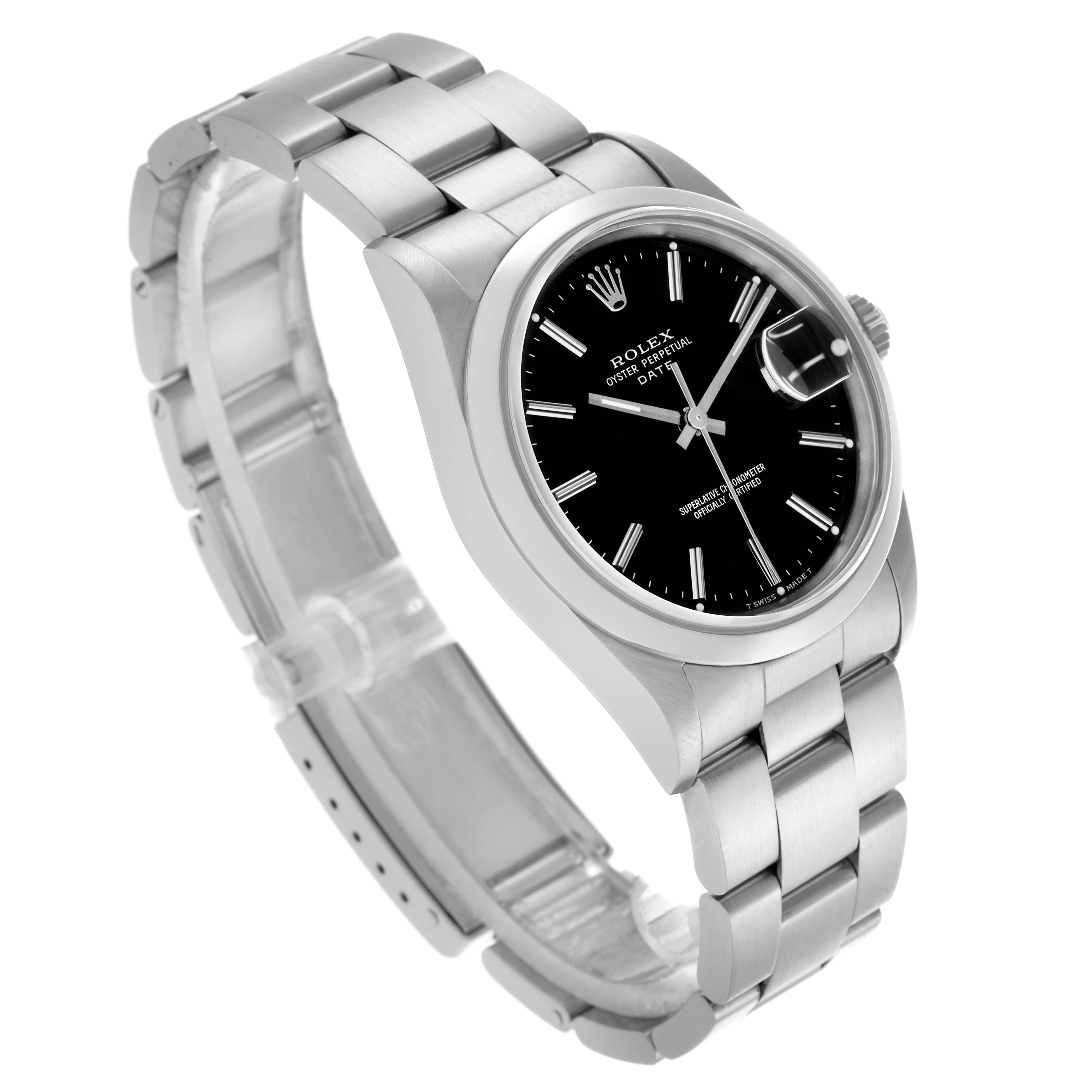 The image shows a Rolex Date 15200 Men's Stainless Steel Black Dial 15200 Men's Stainless Steel Black Dial model at a three-quarter angle, highlighting the bracelet, bezel, dial, and crown.