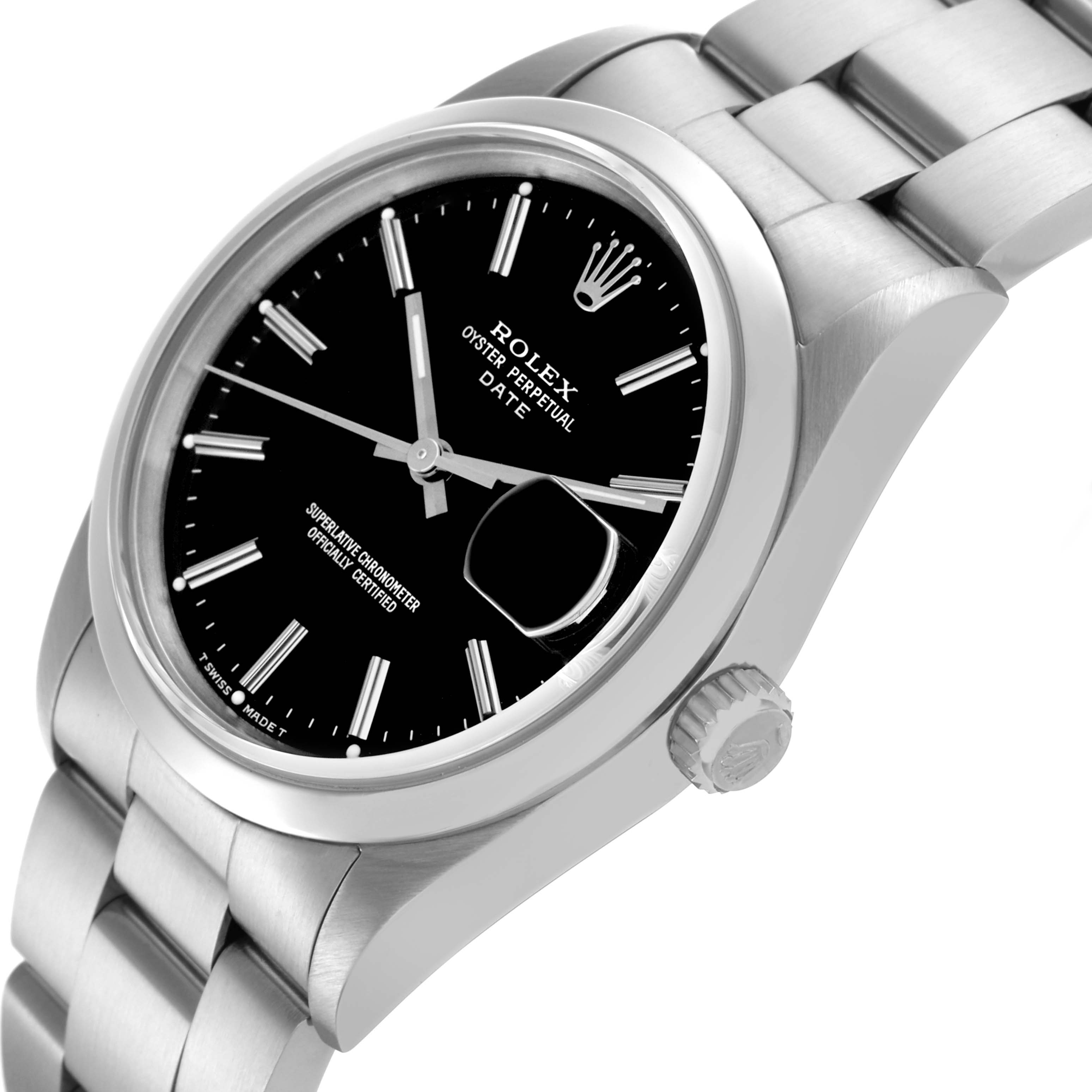 The Rolex Date 15200 Men's Stainless Steel Black Dial 15200 Men's Stainless Steel Black Dial watch is shown at an angled close-up, revealing the case, bracelet, dial, crown, and date magnifier.