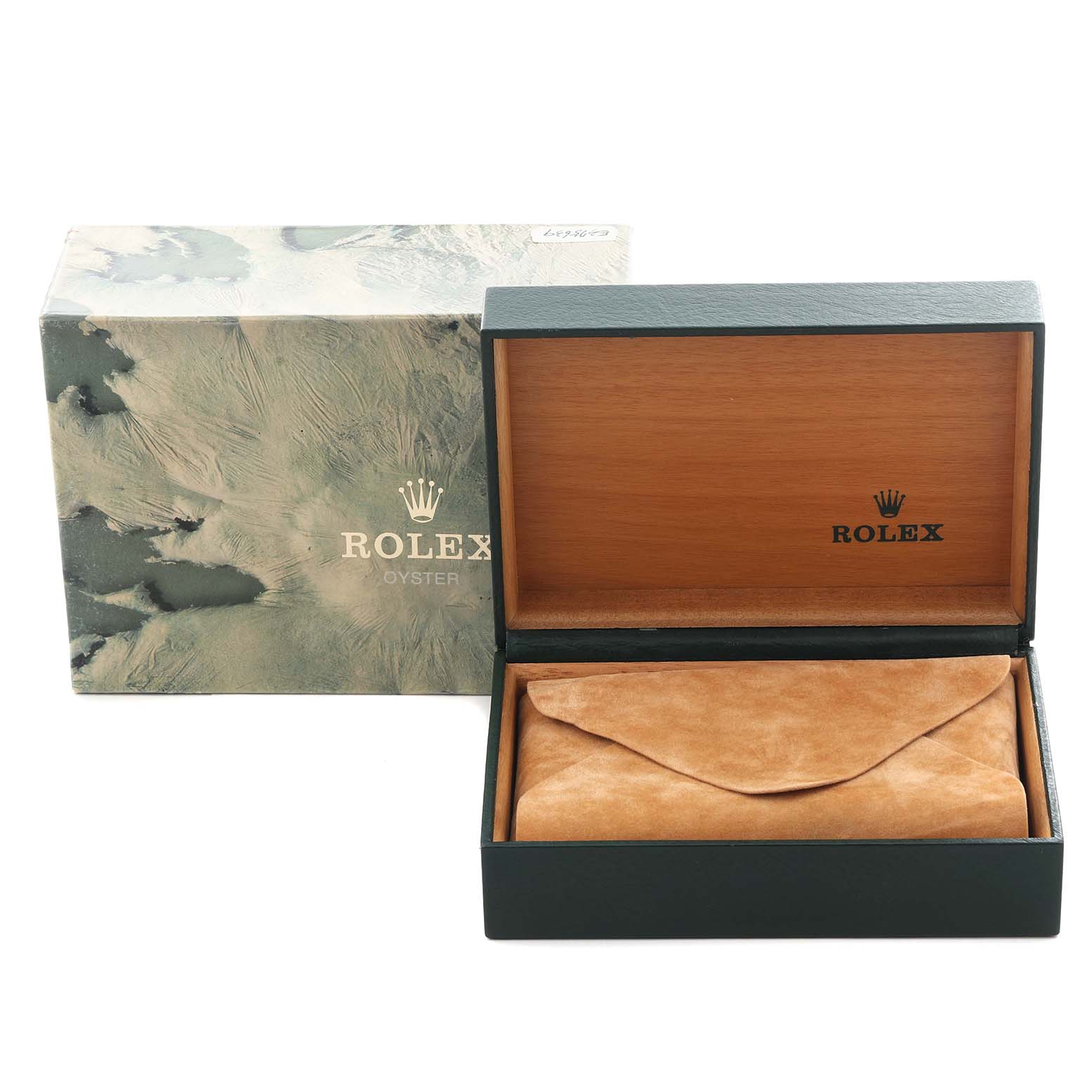 The image shows a Rolex Date 15200 Men's Stainless Steel Black Dial 15200 Men's Stainless Steel Black Dial model watch box and case at a front angle, displaying the box open with a pouch inside.