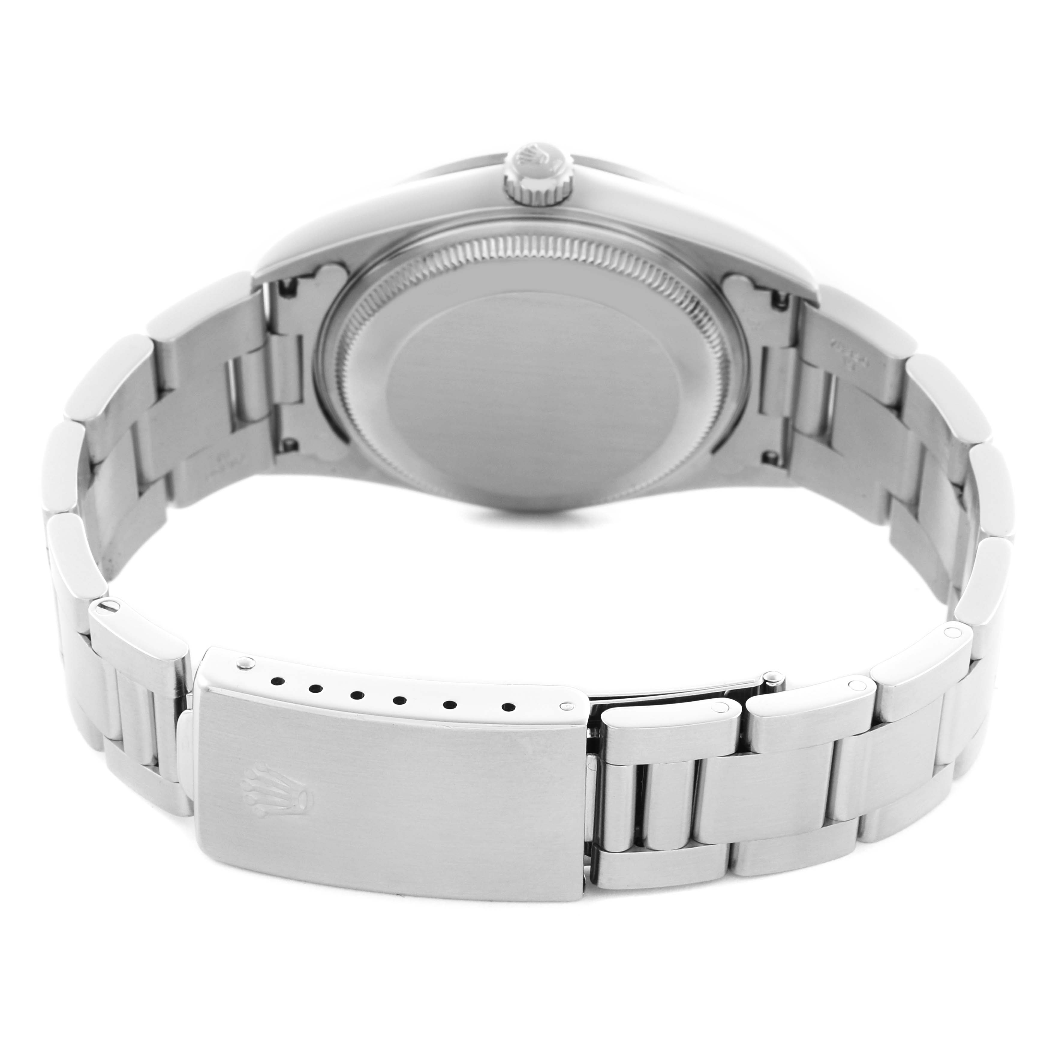 The image shows the back view of a Rolex Date 15200 Men's Stainless Steel Black Dial 15200 Men's Stainless Steel Black Dial model, highlighting the case back, crown, and clasp of the bracelet.