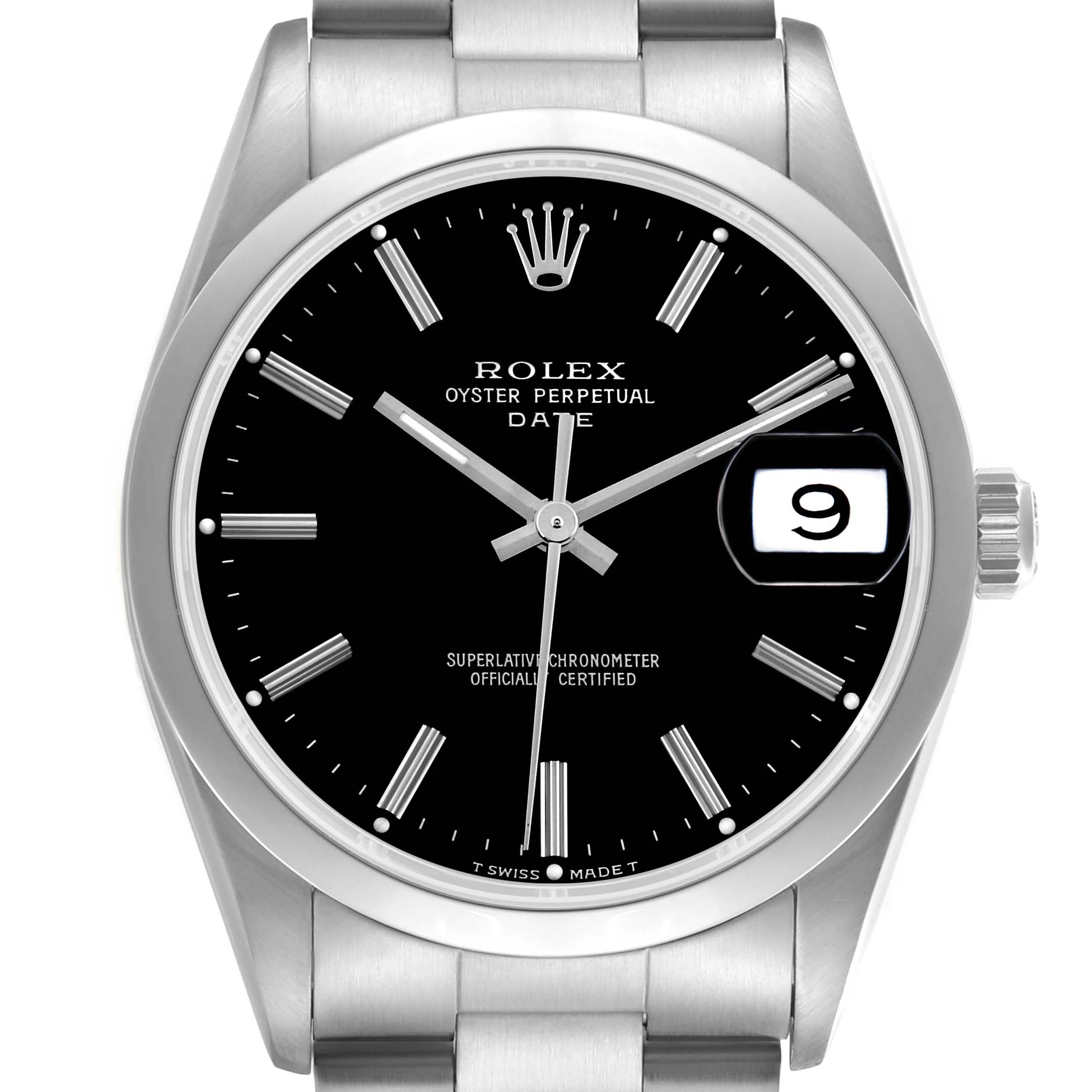The Rolex Date 15200 Men's Stainless Steel Black Dial 15200 Men's Stainless Steel Black Dial model watch is shown from a front angle, displaying the dial, crown, and part of the bracelet.