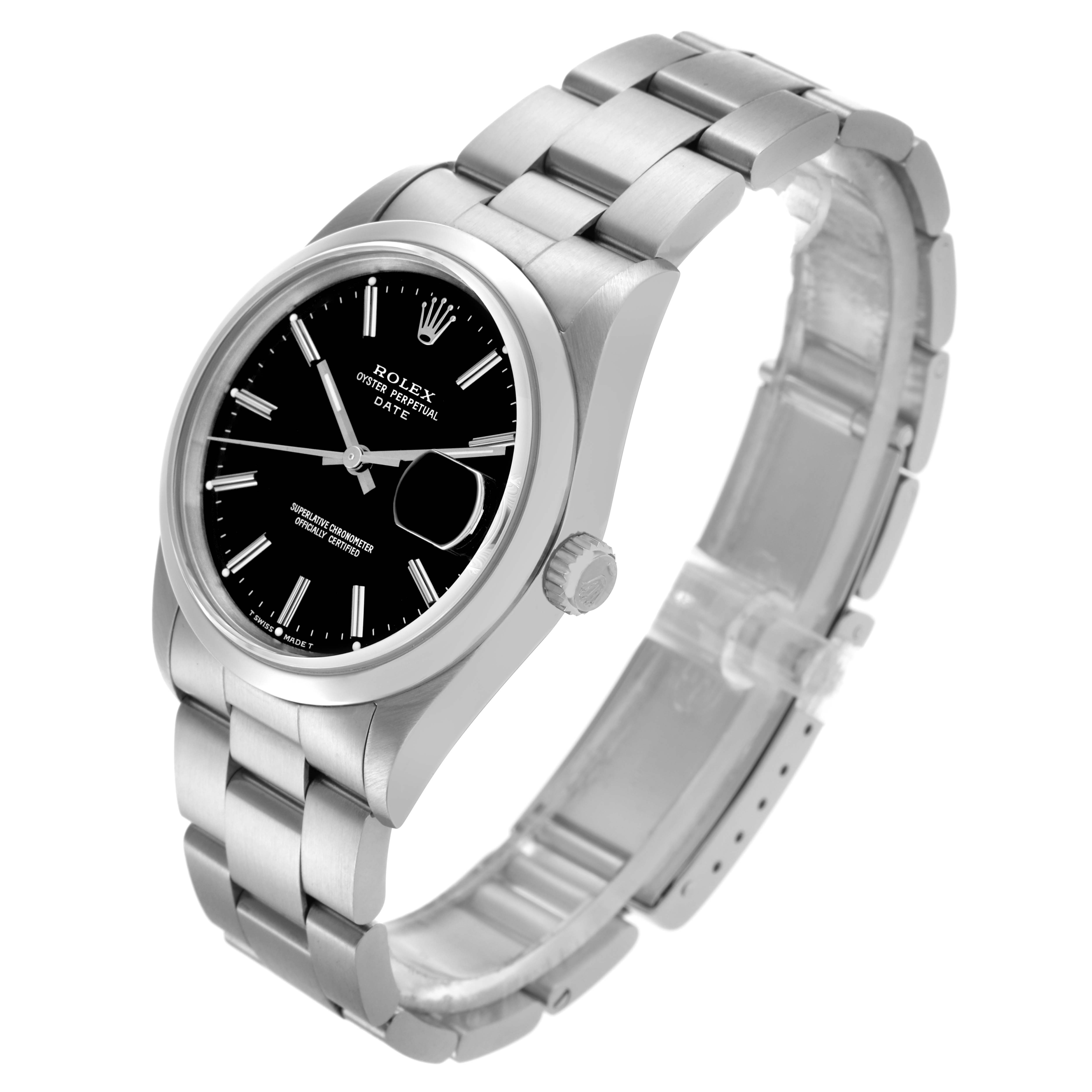 The Rolex Date 15200 Men's Stainless Steel Black Dial 15200 Men's Stainless Steel Black Dial watch is shown from a three-quarter angle, highlighting the black dial, bezel, crown, and metal bracelet.