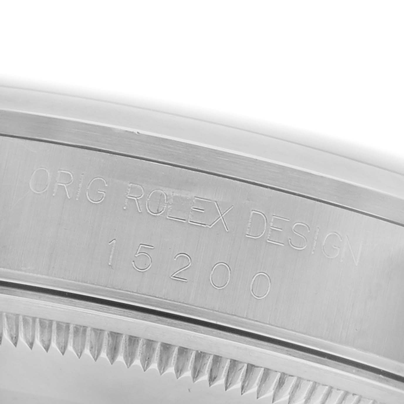 The image shows a close-up of the side of the Rolex Date 15200 Men's Stainless Steel Black Dial 15200 Men's Stainless Steel Black Dial model, highlighting the engraved "ORIG ROLEX DESIGN" and model number "15200."
