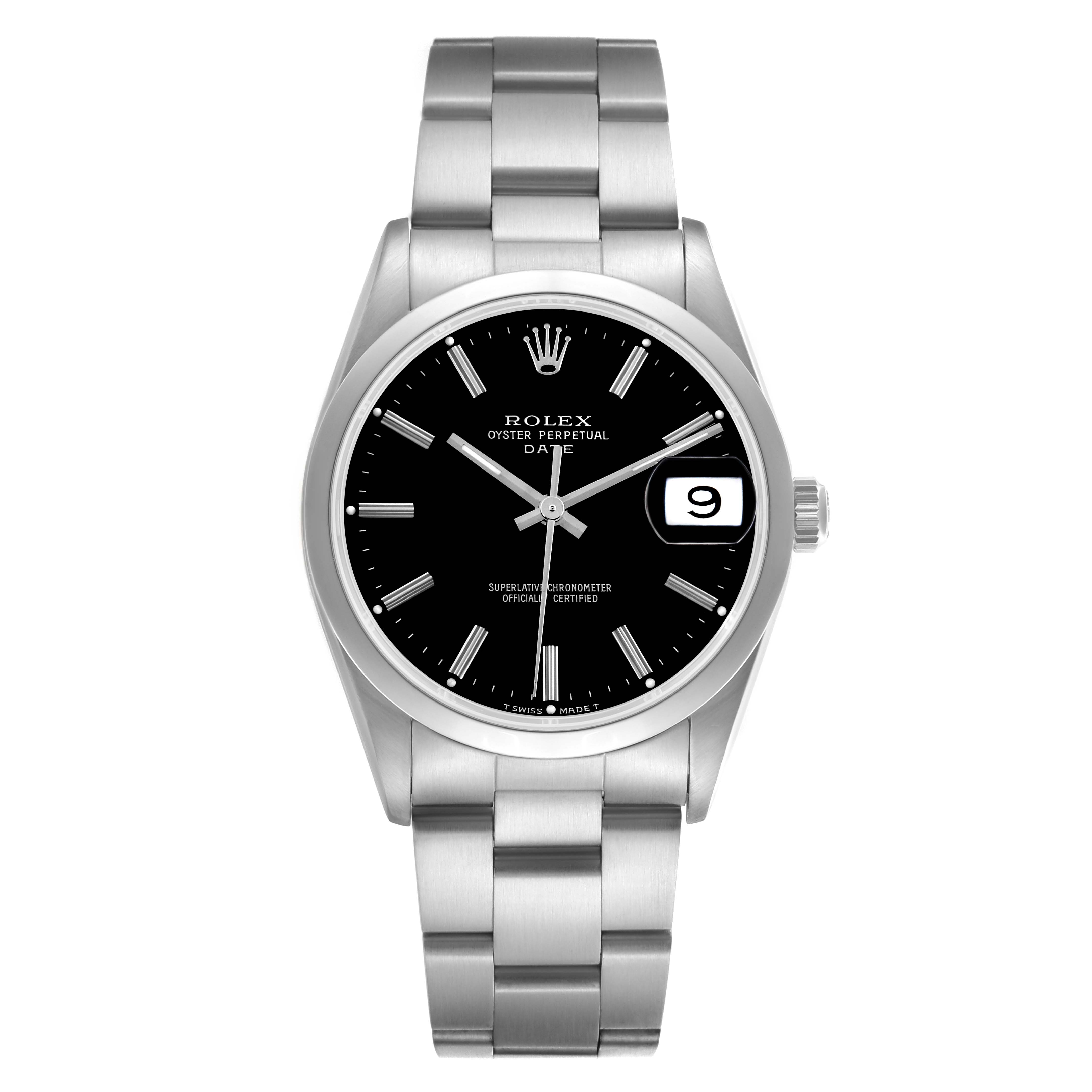 The Rolex Date 15200 Men's Stainless Steel Black Dial 15200 Men's Stainless Steel Black Dial watch is shown from a front angle, displaying the entire face and bracelet.