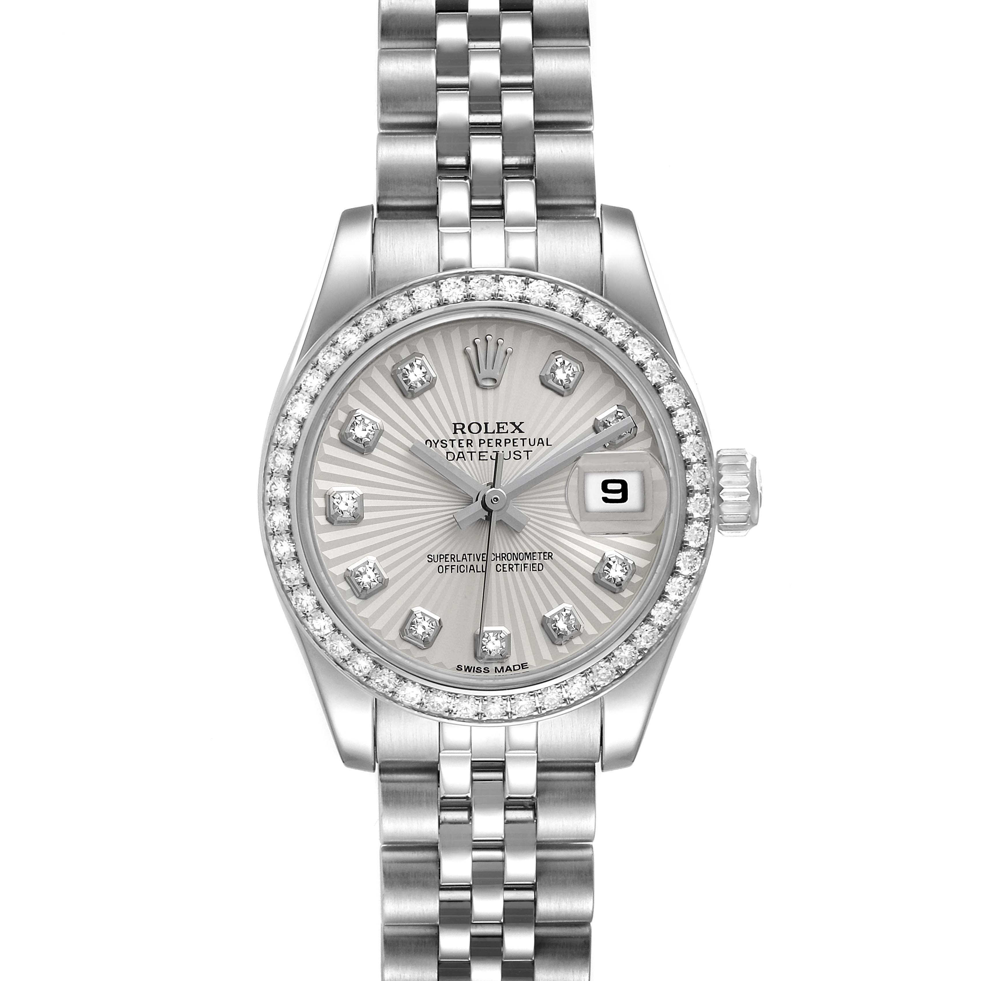 This image shows a front view of the Rolex Datejust 179384 Women's Stainless Steel Silver Dial 179384 Women's Stainless Steel Silver Dial watch, highlighting the dial, bezel, and bracelet.
