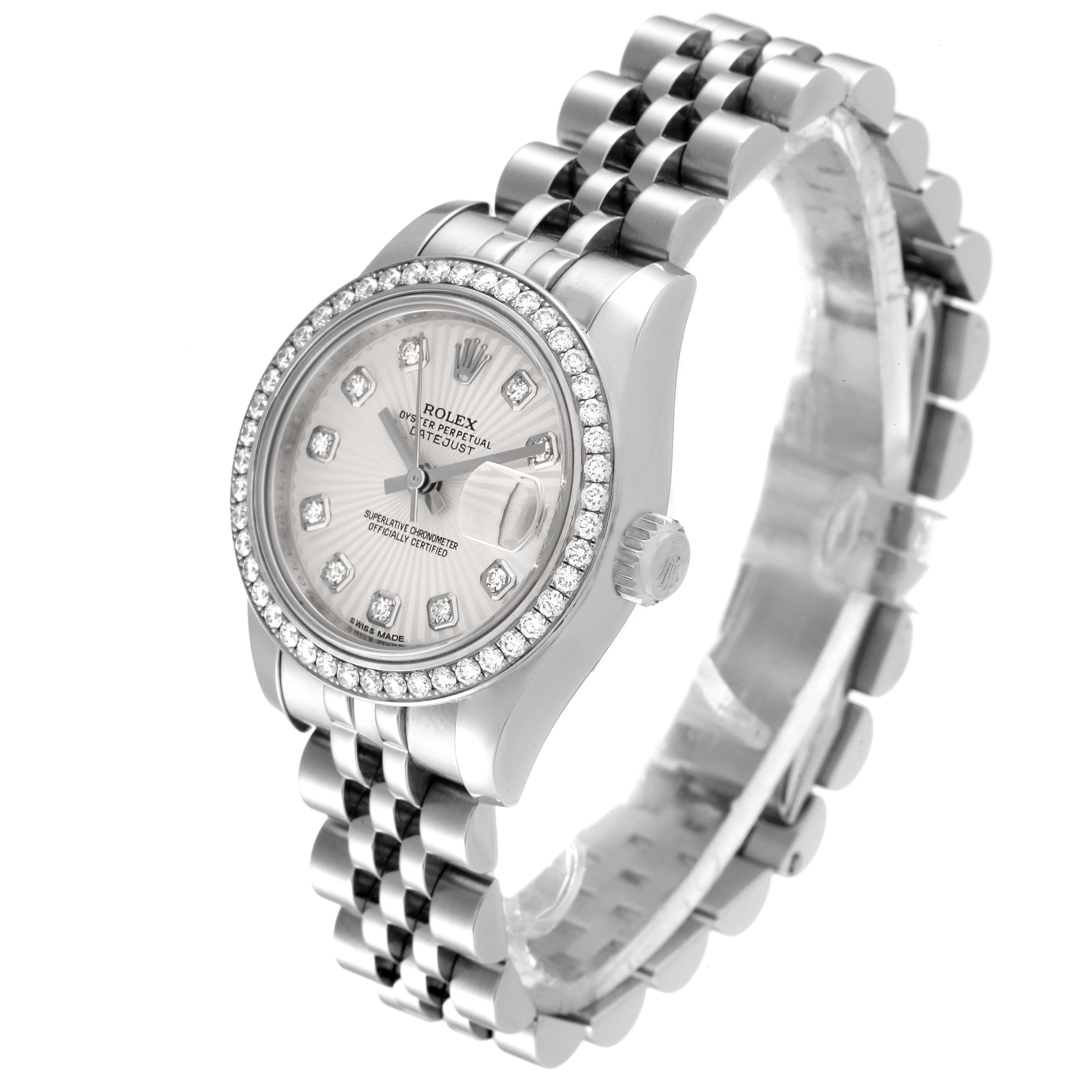 This image shows a Rolex Datejust 179384 Women's Stainless Steel Silver Dial 179384 Women's Stainless Steel Silver Dial watch at a three-quarter angle, highlighting the face, bezel, and bracelet.