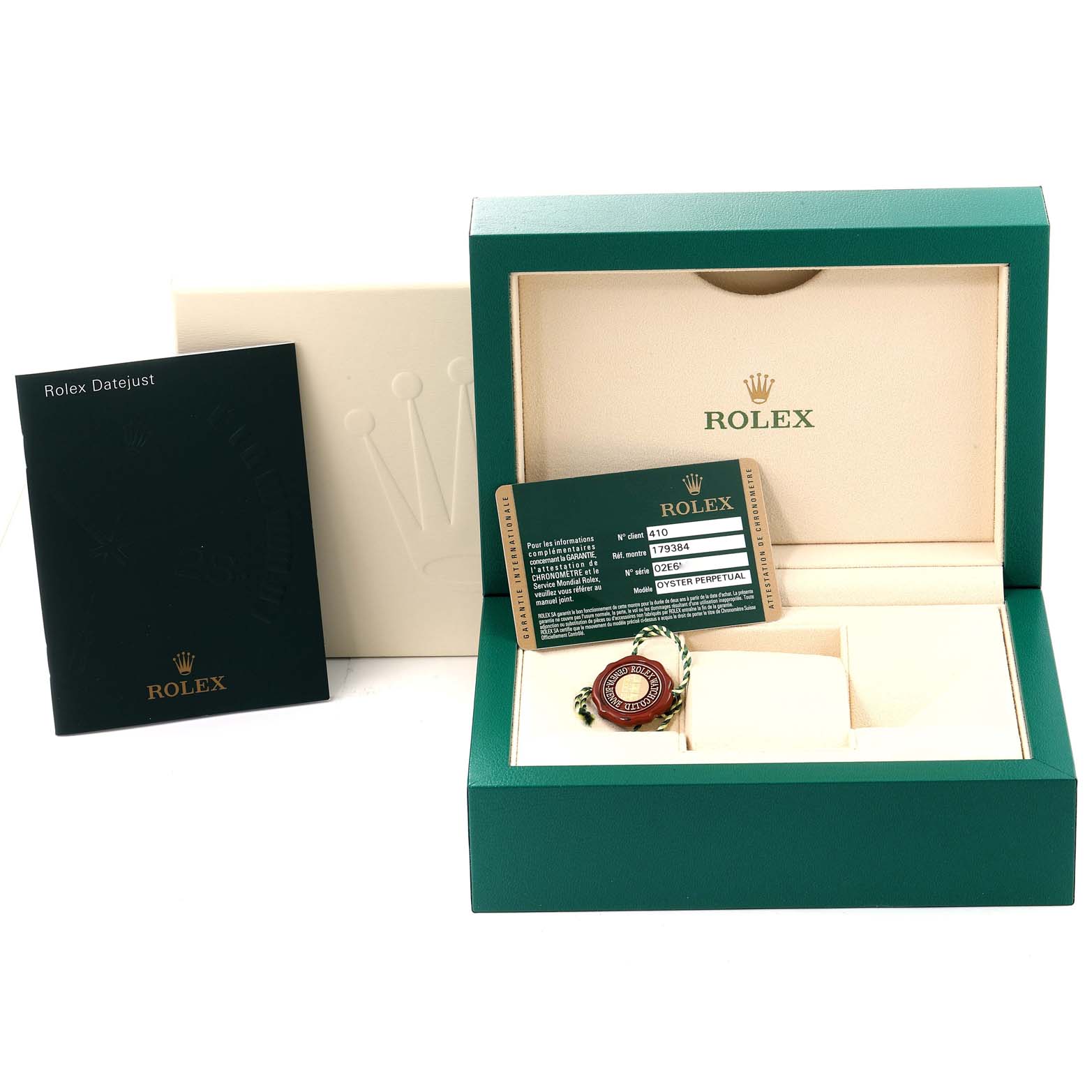 The image shows the box, warranty card, seal, and booklet for a Rolex Datejust 179384 Women's Stainless Steel Silver Dial 179384 Women's Stainless Steel Silver Dial watch, viewed from the front.