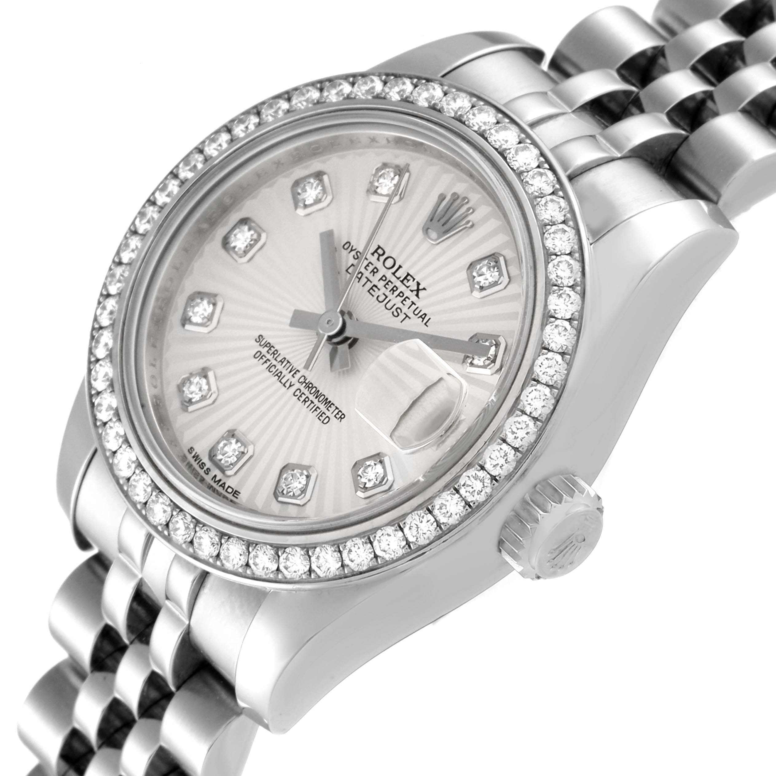 The image shows a close-up of the face and part of the band of the Rolex Datejust 179384 Women's Stainless Steel Silver Dial 179384 Women's Stainless Steel Silver Dial watch at an angle.