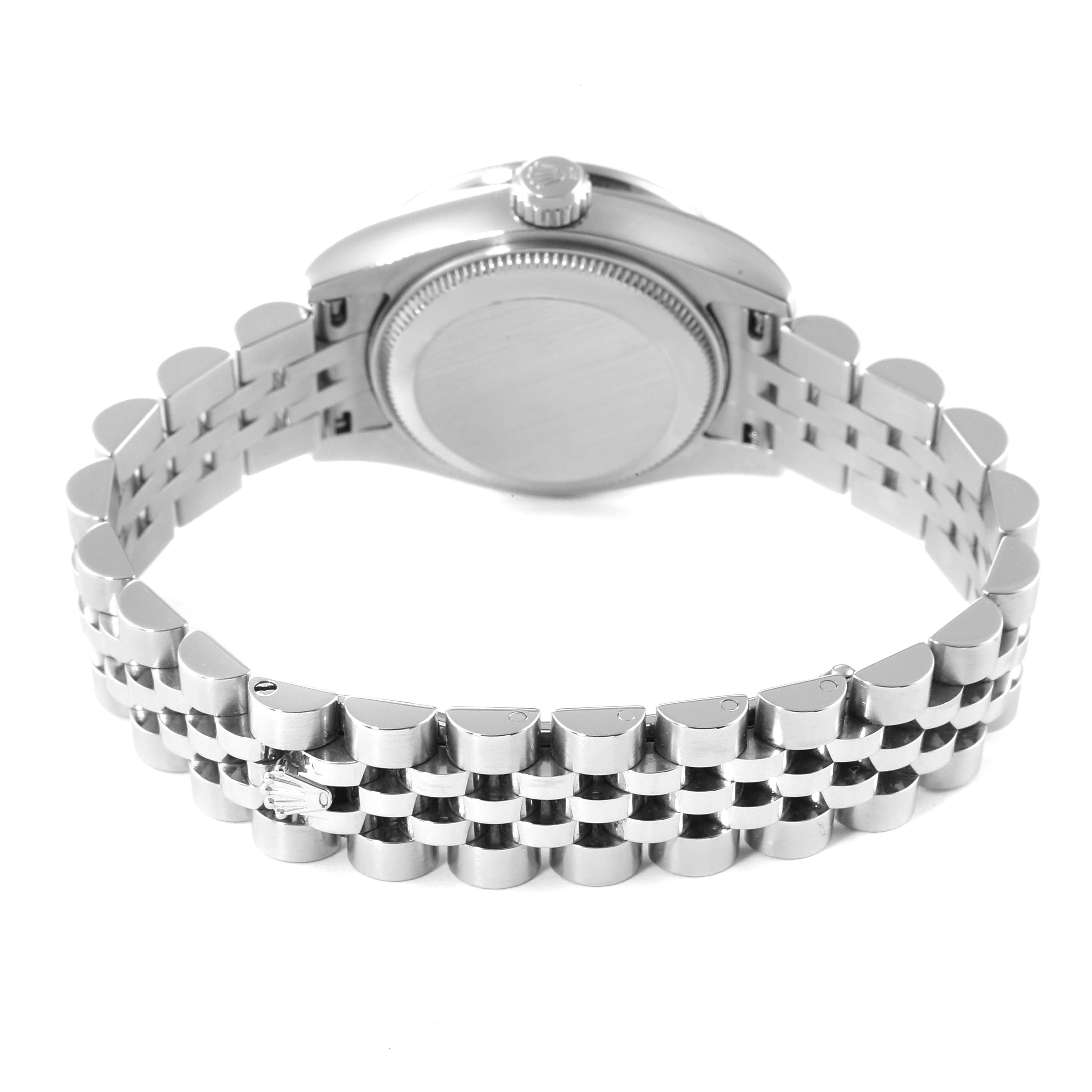 This image shows the back and bracelet of a Rolex Datejust 179384 Women's Stainless Steel Silver Dial 179384 Women's Stainless Steel Silver Dial watch from a rear perspective.