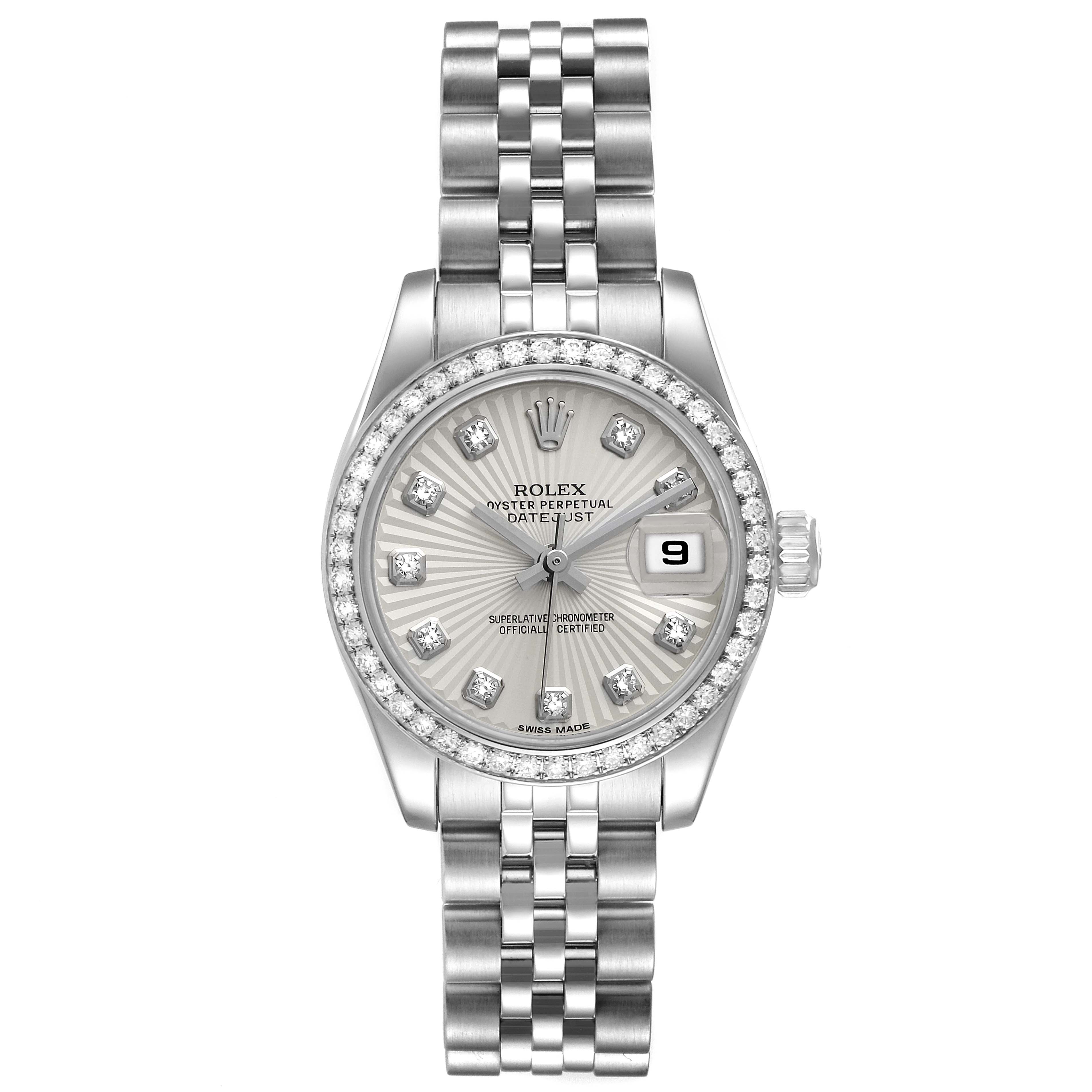 The image shows a front view of a Rolex Datejust 179384 Women's Stainless Steel Silver Dial 179384 Women's Stainless Steel Silver Dial watch, featuring the dial, bezel, and bracelet.