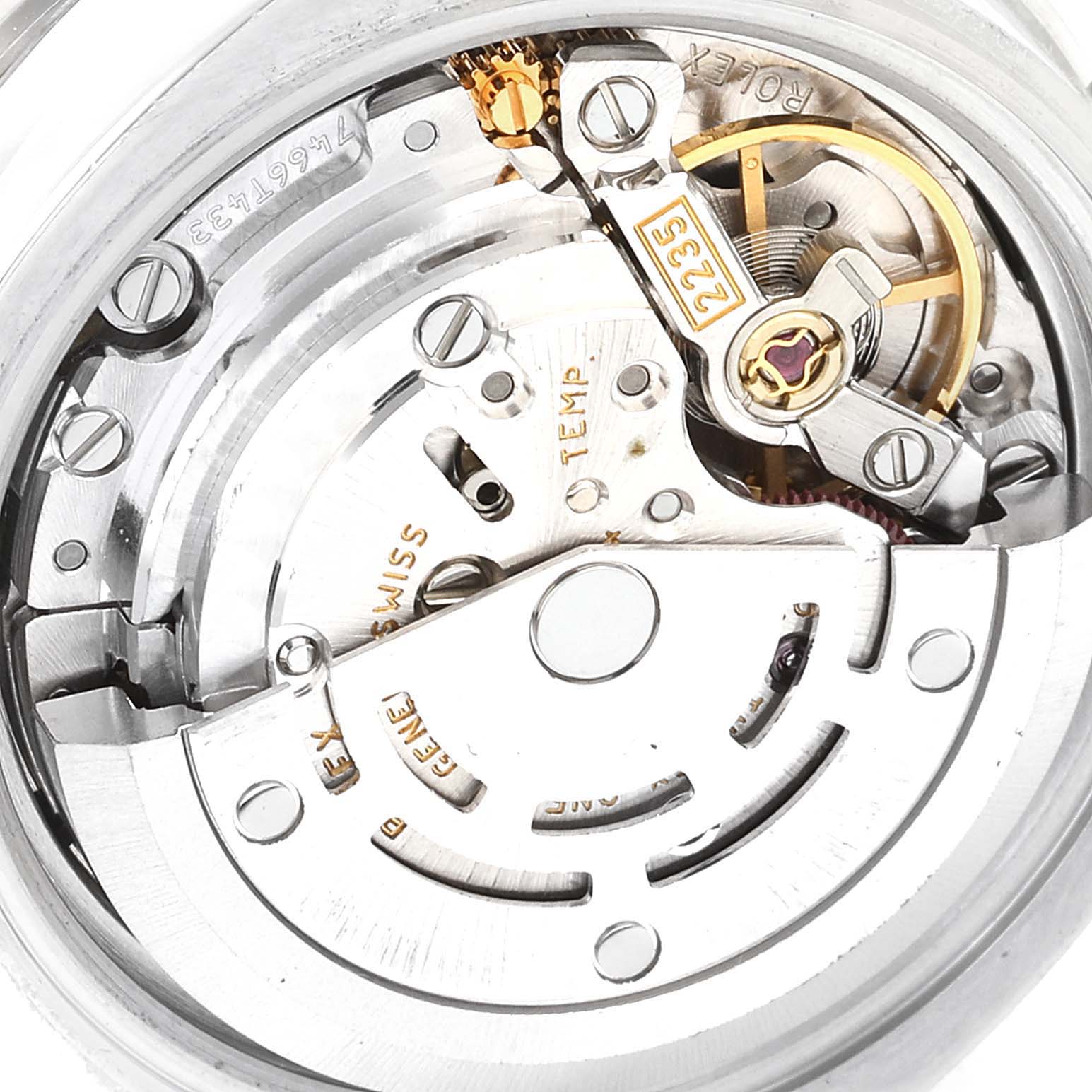 This image shows a close-up view of the movement and internal mechanism of a Rolex Datejust 179384 Women's Stainless Steel Silver Dial 179384 Women's Stainless Steel Silver Dial watch.