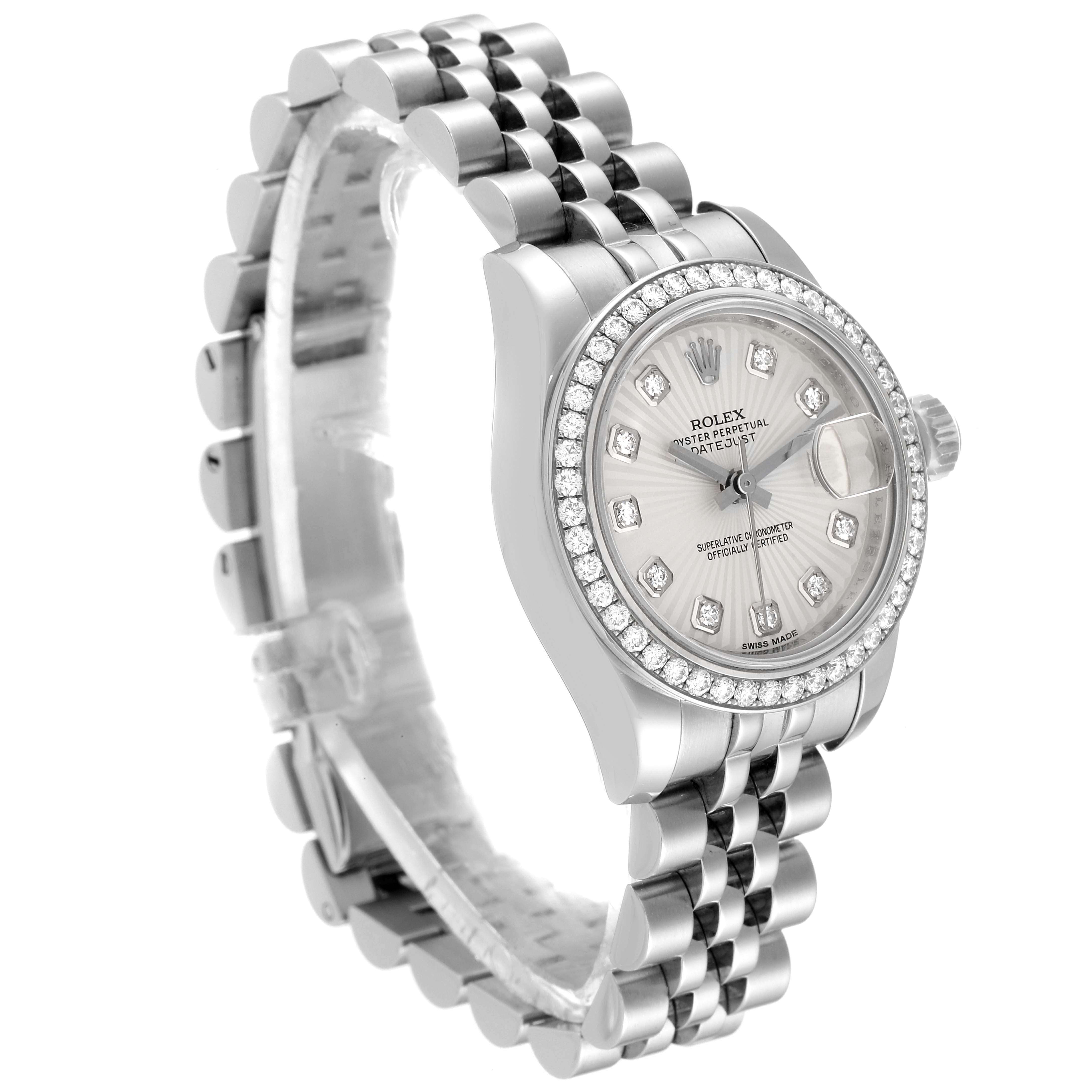 The image shows a Rolex Datejust 179384 Women's Stainless Steel Silver Dial 179384 Women's Stainless Steel Silver Dial watch angled from the front left, highlighting the dial, bezel, and bracelet.