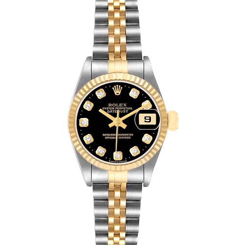 The Rolex Datejust 69173 Women's Steel and Gold (two tone) Black Dial watch is shown from a top-down angle, highlighting its two-tone bracelet, black dial, and fluted bezel.