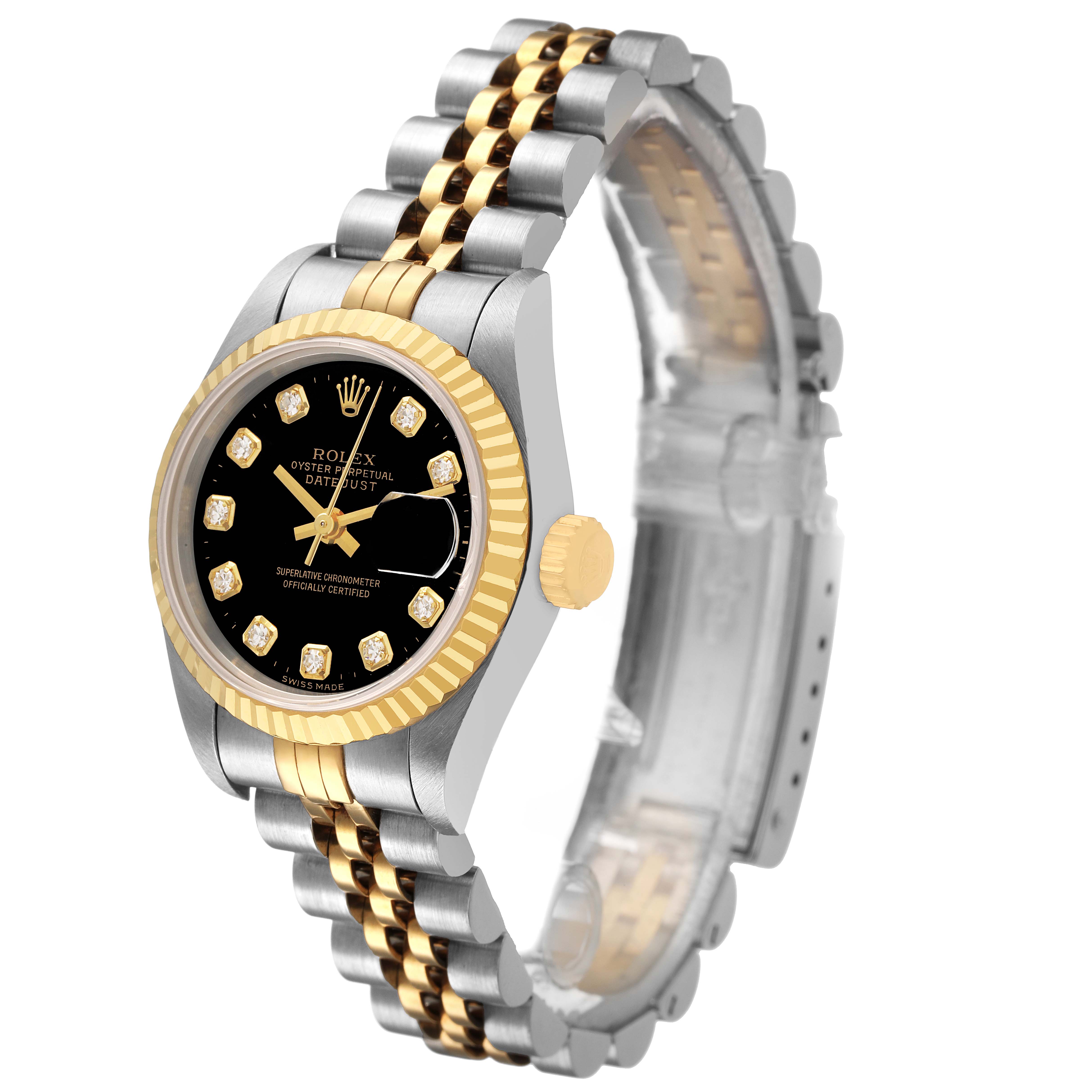 The Rolex Datejust 69173 Women's Steel and Gold (two tone) Black Dial watch is shown at an angled side view, highlighting its bezel, dial, and bracelet.