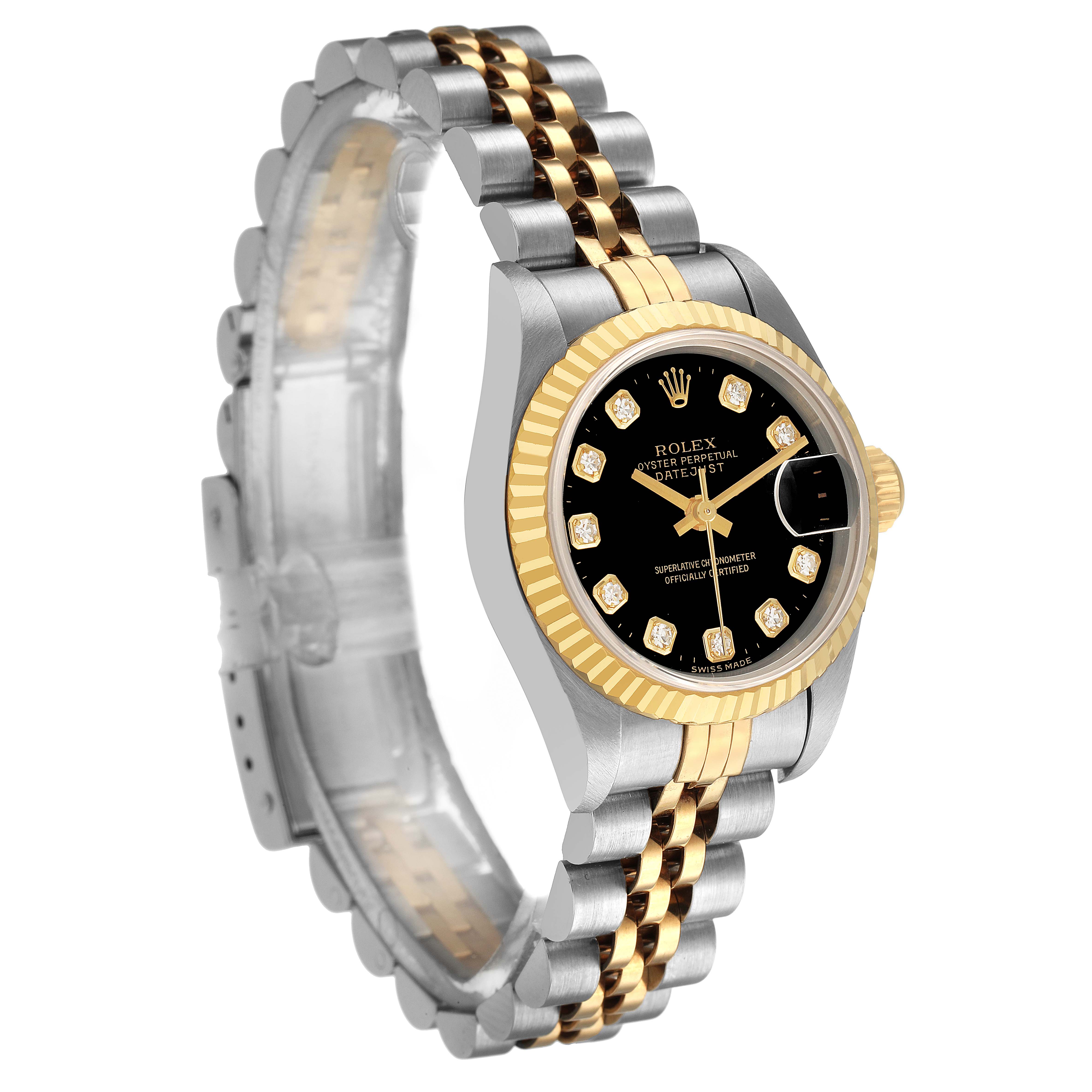 The Rolex Datejust 69173 Women's Steel and Gold (two tone) Black Dial is shown at a three-quarter angle, displaying the bezel, dial, and part of the bracelet.