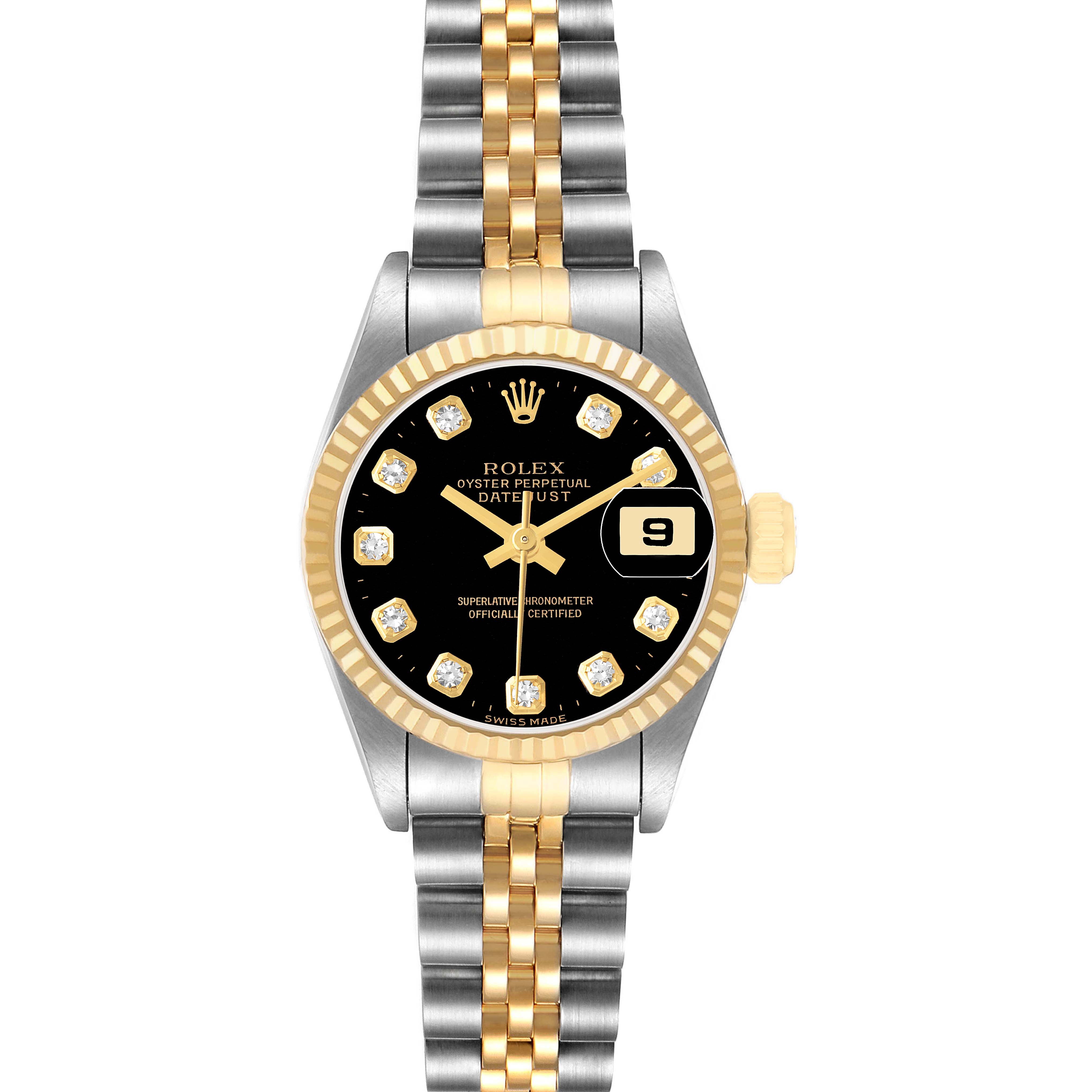 The Rolex Datejust 69173 Women's Steel and Gold (two tone) Black Dial watch is shown from a top view, highlighting its black dial, gold bezel, and two-tone bracelet.