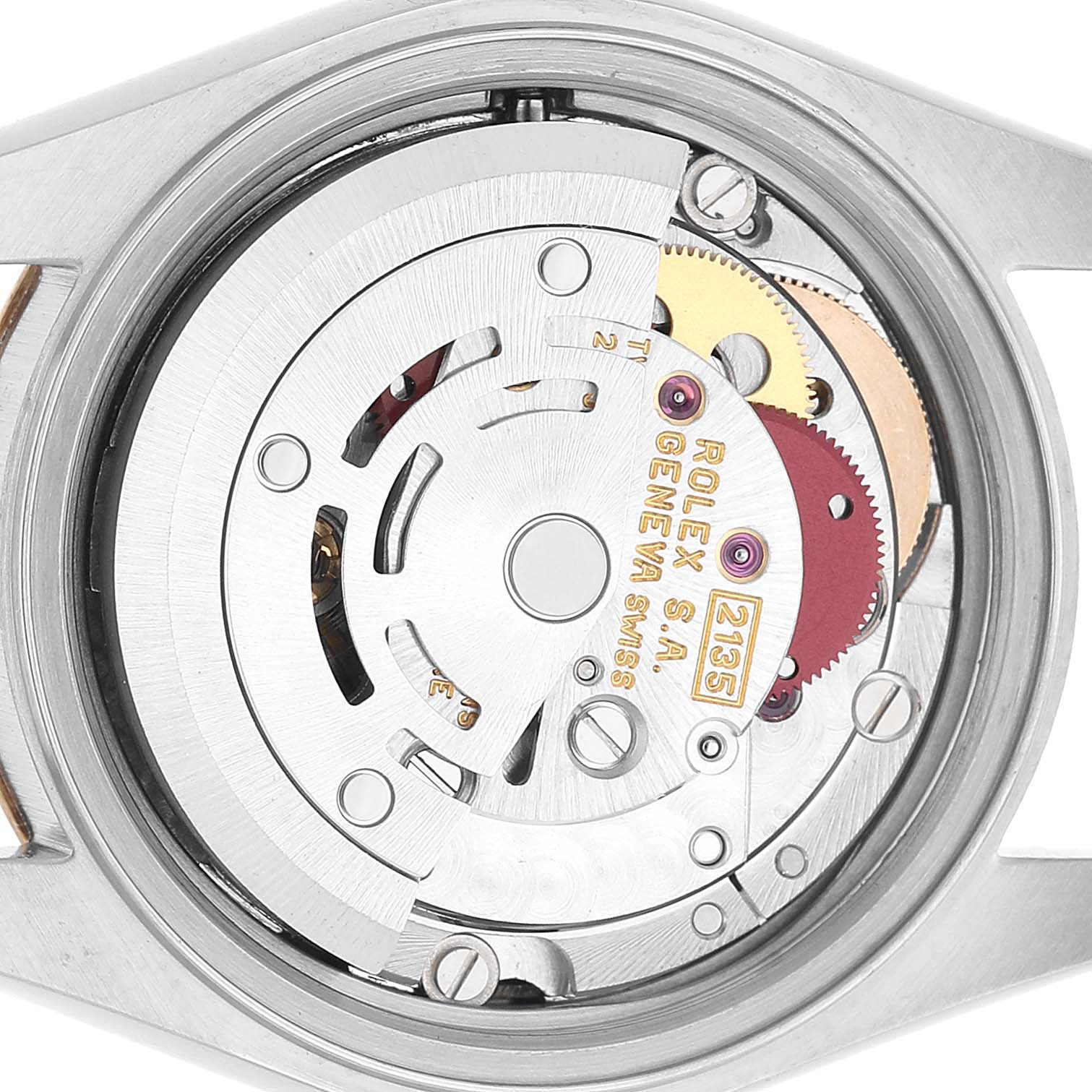 The image shows the movement and internal mechanics of a Rolex Datejust 69173 Women's Steel and Gold (two tone) Black Dial, viewed from the back.