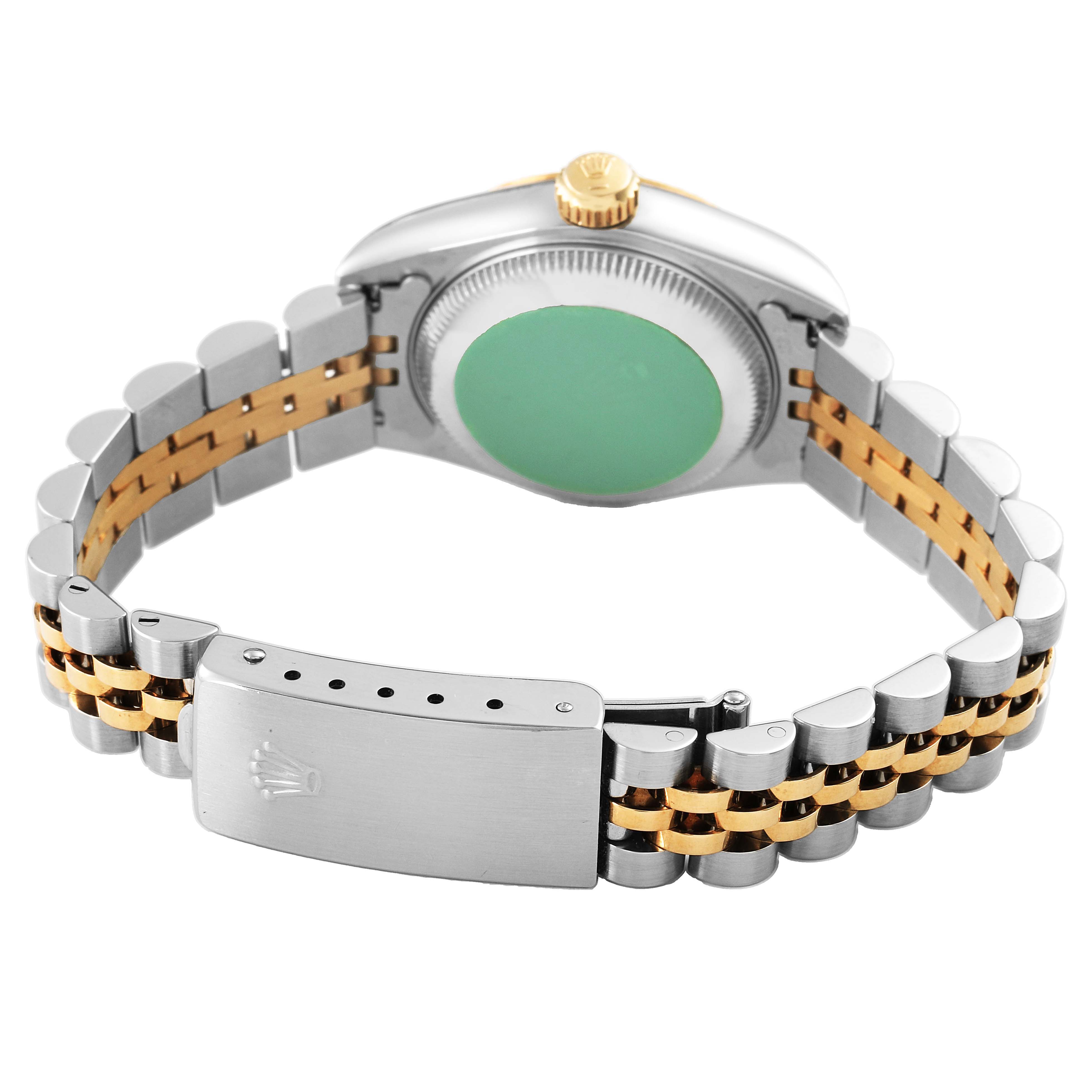 The image shows the back of a Rolex Datejust 69173 Women's Steel and Gold (two tone) Black Dial, highlighting the clasp, bracelet, and caseback.