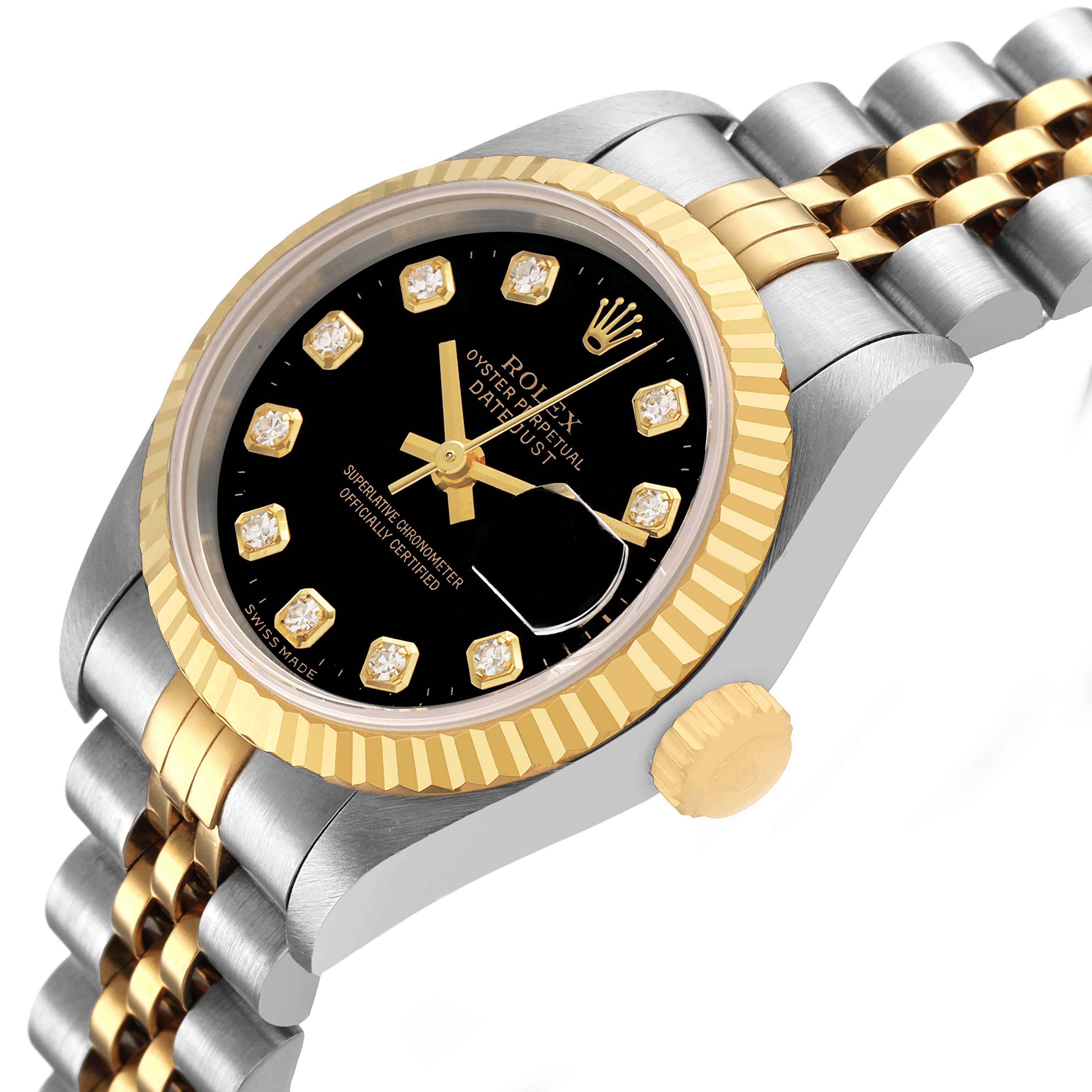 The Rolex Datejust 69173 Women's Steel and Gold (two tone) Black Dial watch is shown at a three-quarter angle, highlighting its dial, bezel, and bracelet.