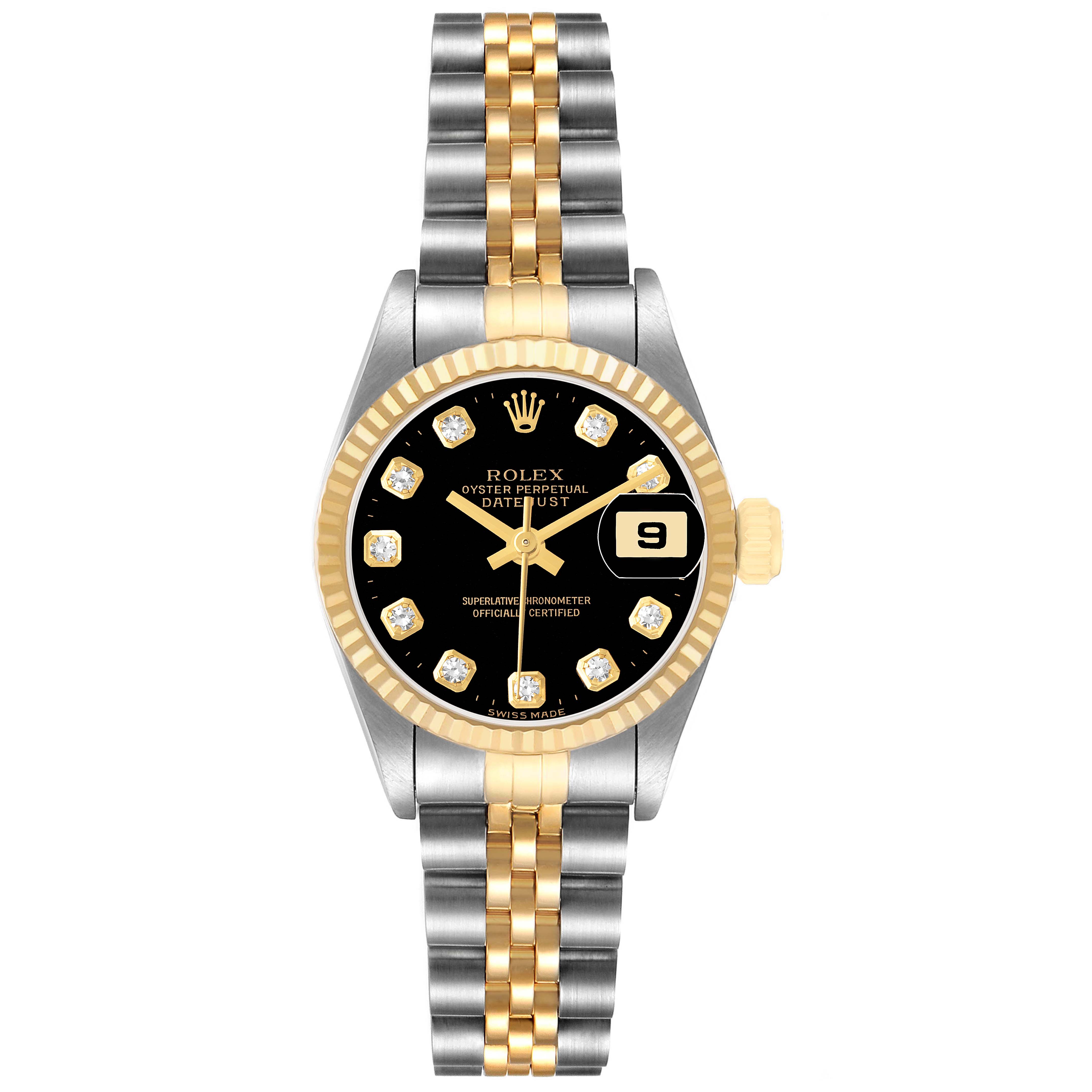 The Rolex Datejust 69173 Women's Steel and Gold (two tone) Black Dial watch is shown from a frontal angle, highlighting the face, bezel, and bracelet.