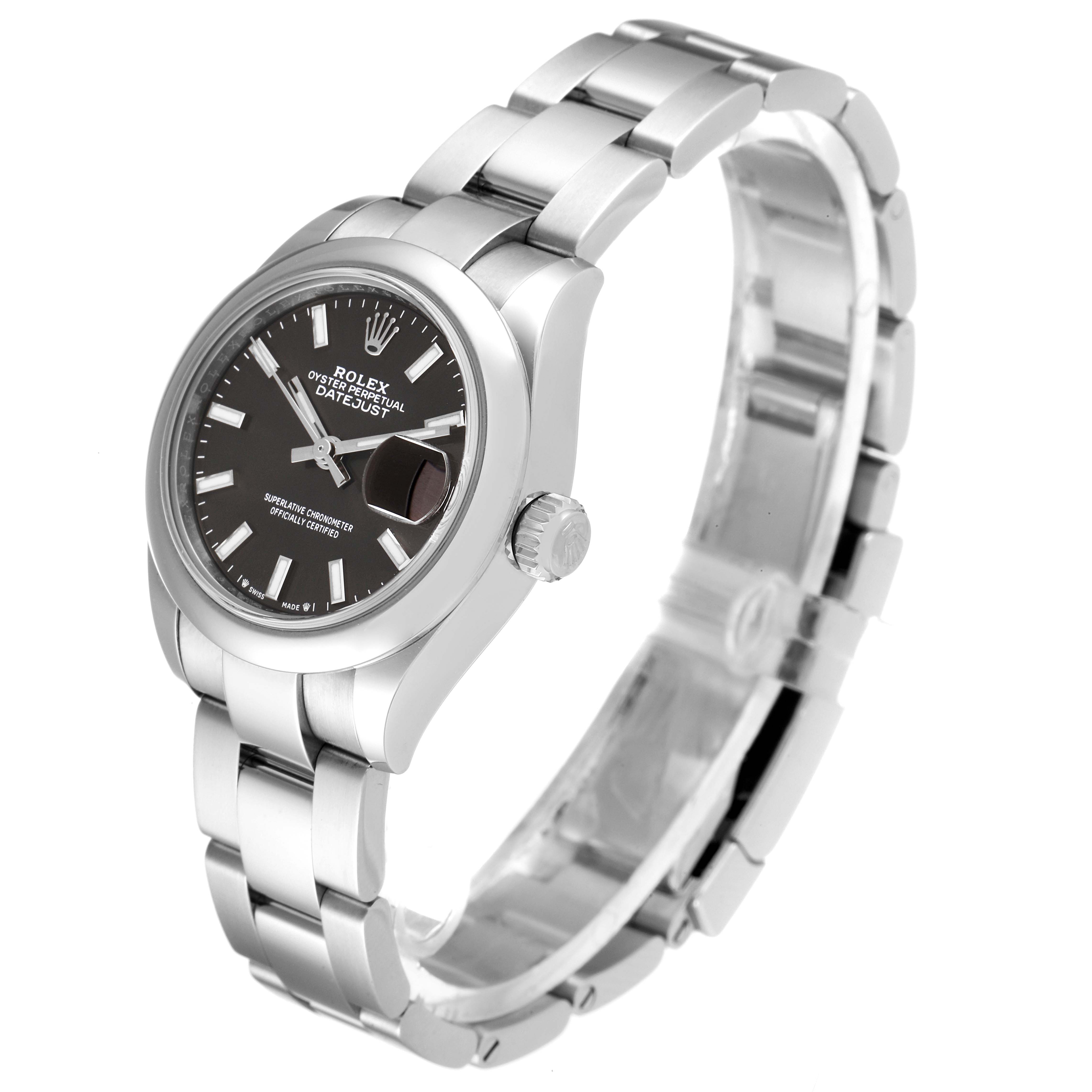 This image shows a side angle of a Rolex Datejust 279160 Women's Stainless Steel Grey Dial 279160 Women's Stainless Steel Grey Dial watch, featuring its dial, bezel, crown, and bracelet.