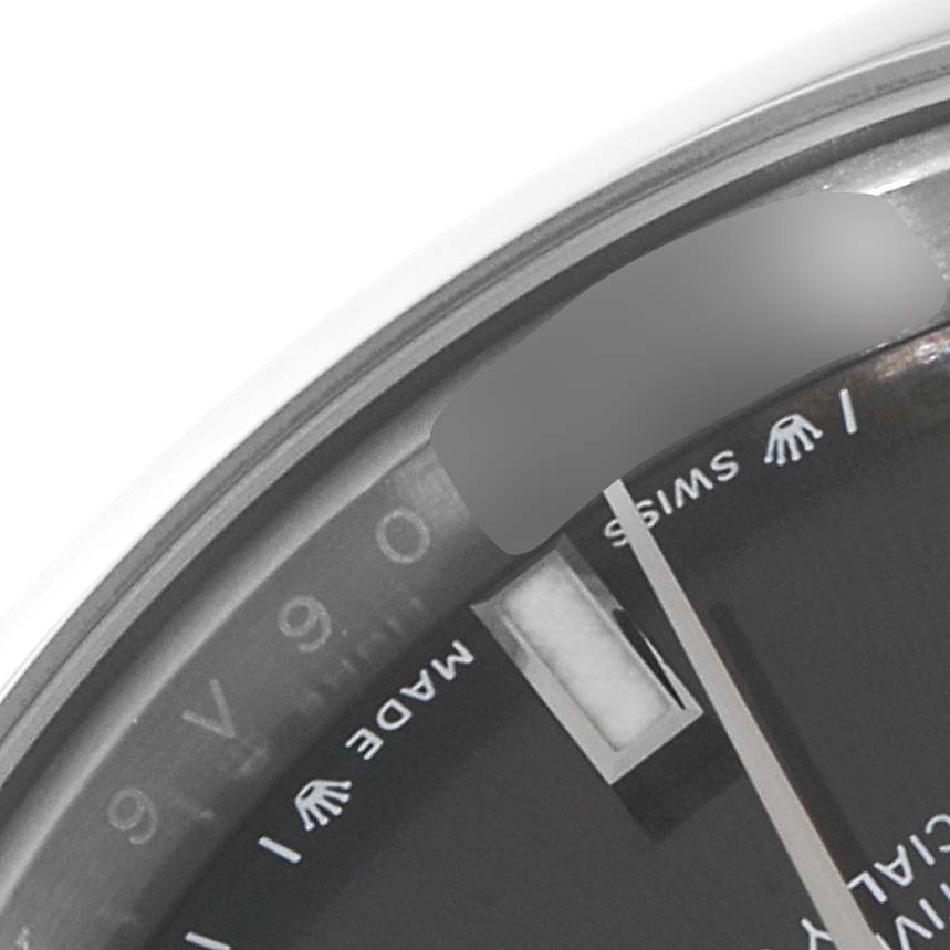 The image shows a close-up of the dial of a Rolex Datejust 279160 Women's Stainless Steel Grey Dial 279160 Women's Stainless Steel Grey Dial, highlighting the "SWISS MADE" text and part of the hour markers.