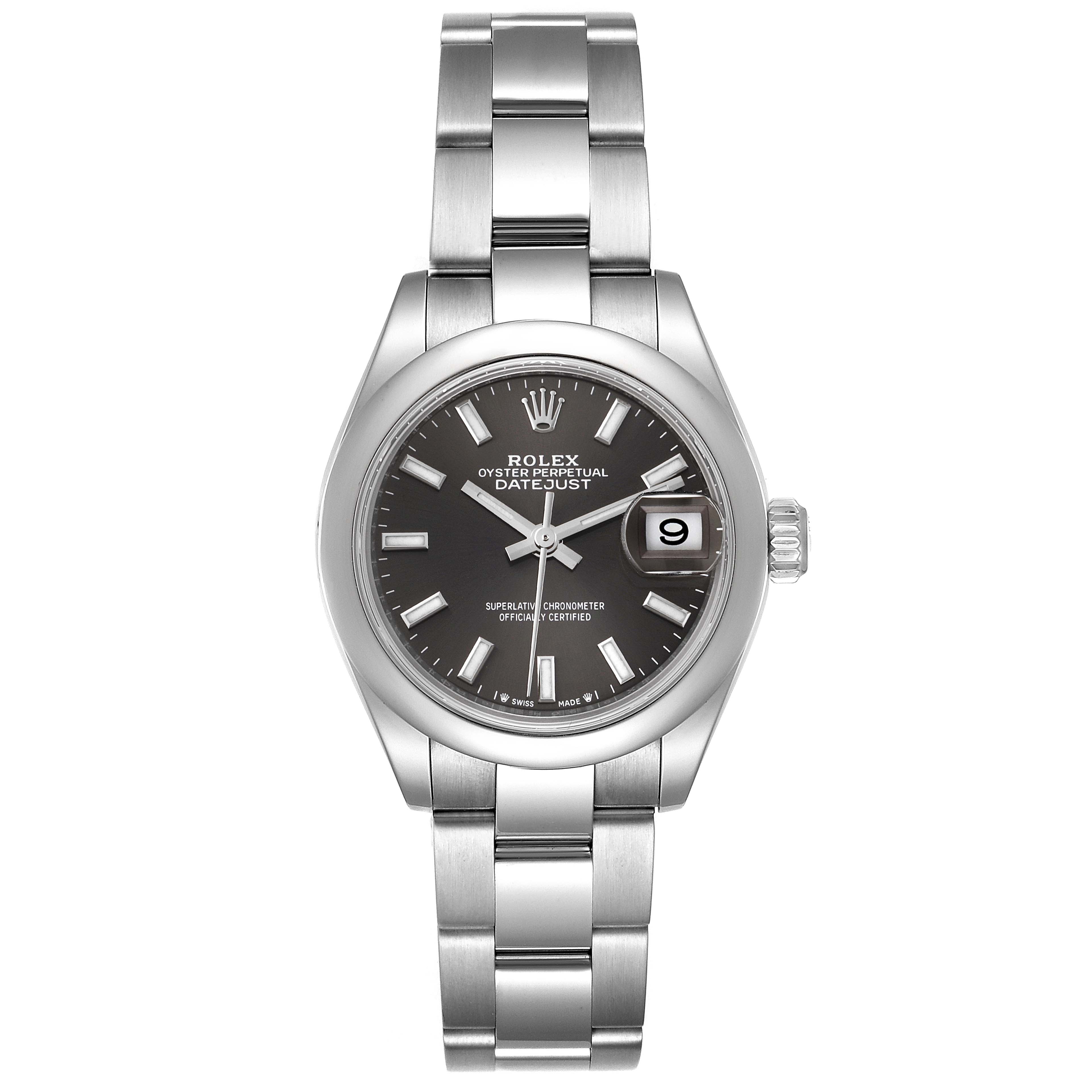 The image shows a Rolex Datejust 279160 Women's Stainless Steel Grey Dial 279160 Women's Stainless Steel Grey Dial watch from a front angle, displaying its dial, bezel, hands, date window, and bracelet.