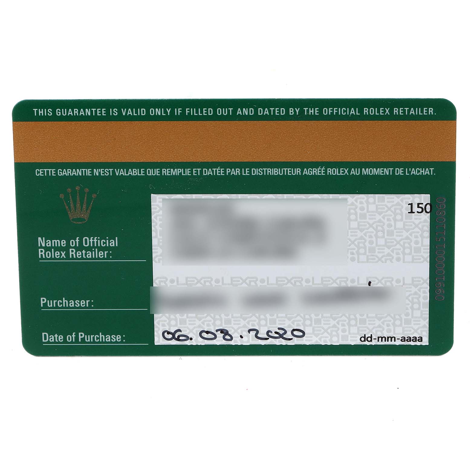 This image shows a warranty card for the Rolex Datejust 279160 Women's Stainless Steel Grey Dial 279160 Women's Stainless Steel Grey Dial watch, displaying purchase information and retailer details.