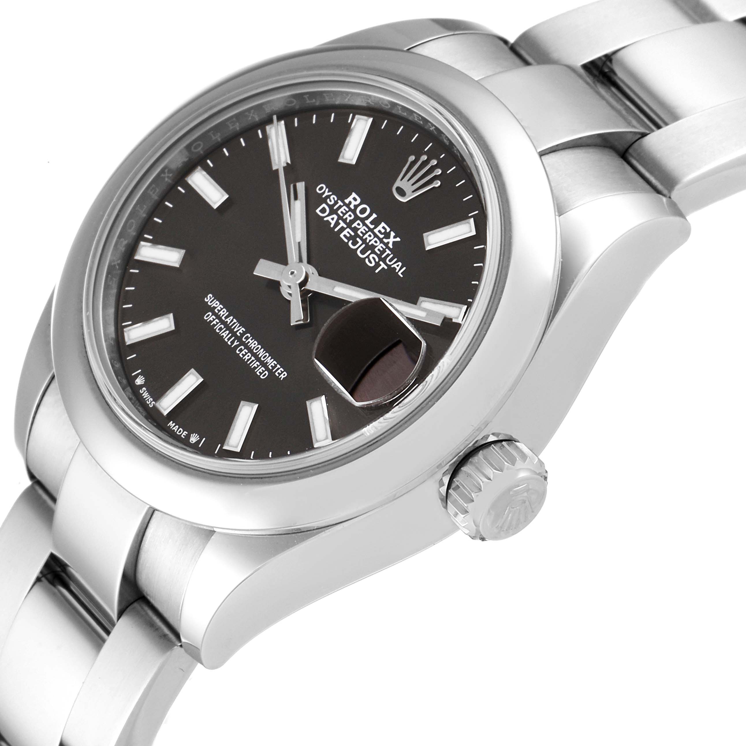 The image shows a close-up, angled view of the Rolex Datejust 279160 Women's Stainless Steel Grey Dial 279160 Women's Stainless Steel Grey Dial's face, case, crown, and part of the bracelet.