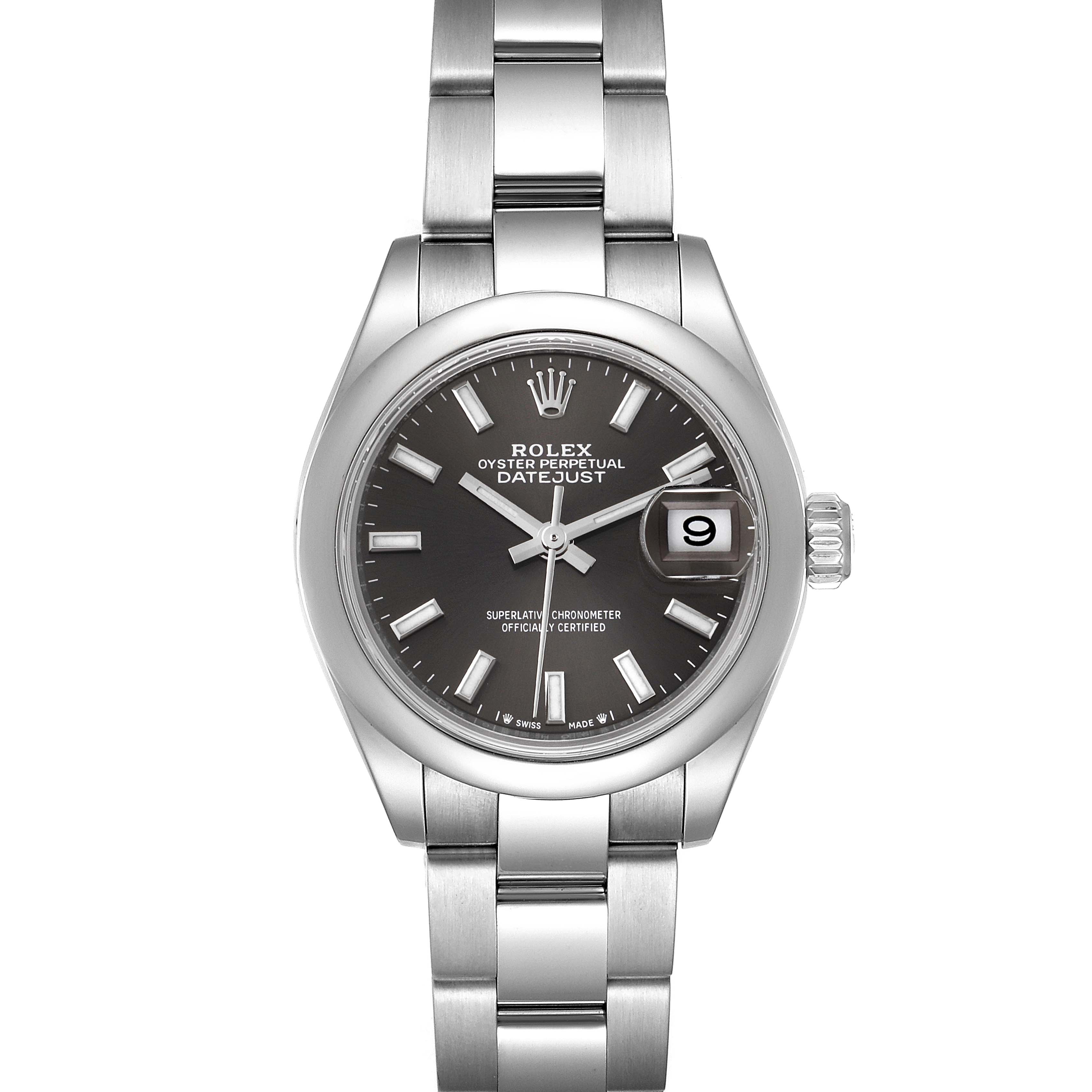 This is a front-angle view of the Rolex Datejust 279160 Women's Stainless Steel Grey Dial 279160 Women's Stainless Steel Grey Dial watch, showing the dial, hour markers, hands, bracelet, and date window.