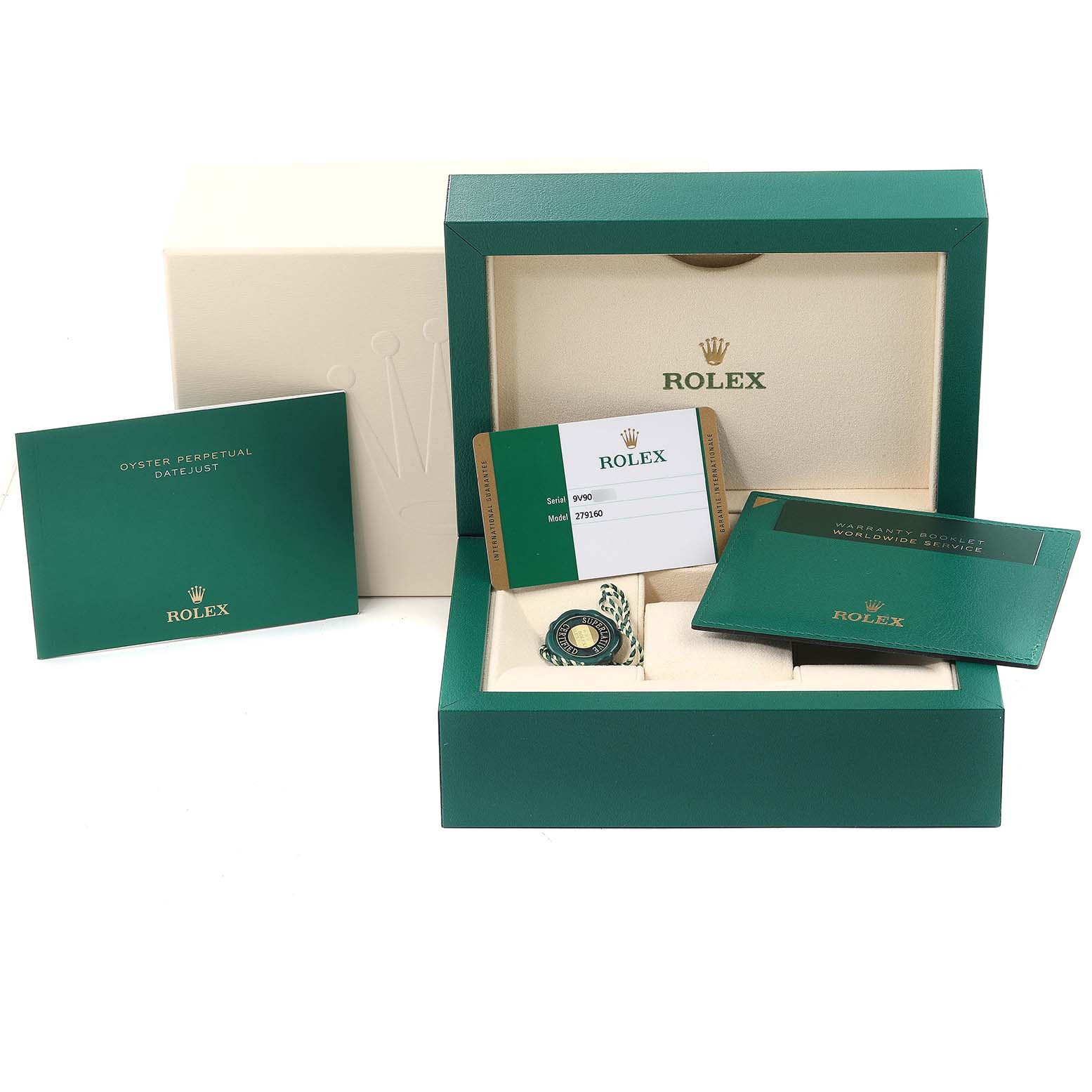 The image shows the packaging, warranty card, booklets, and accessories for a Rolex Datejust 279160 Women's Stainless Steel Grey Dial 279160 Women's Stainless Steel Grey Dial model.