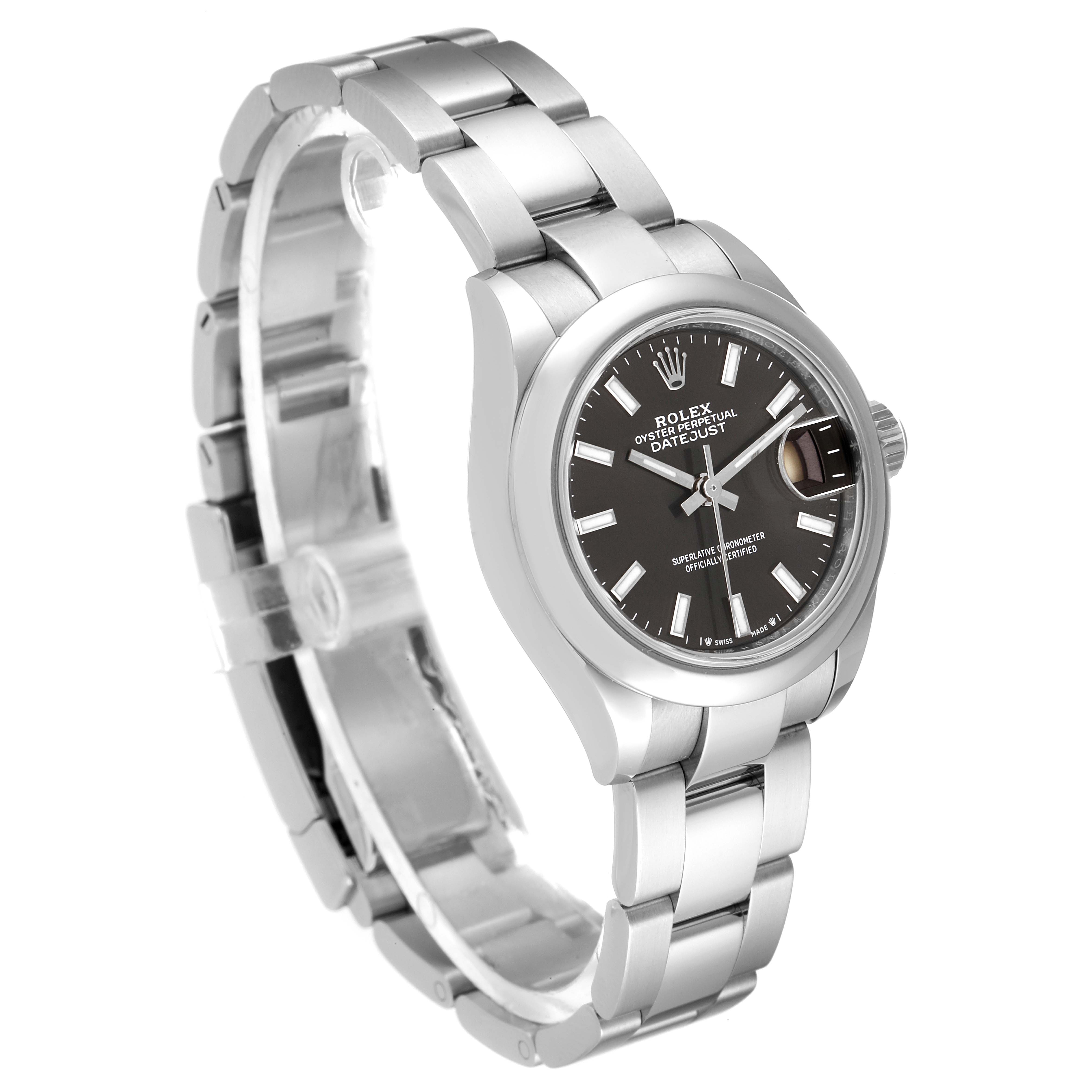 The Rolex Datejust 279160 Women's Stainless Steel Grey Dial 279160 Women's Stainless Steel Grey Dial watch is shown at a three-quarter angle displaying the dial, bracelet, and part of the clasp.