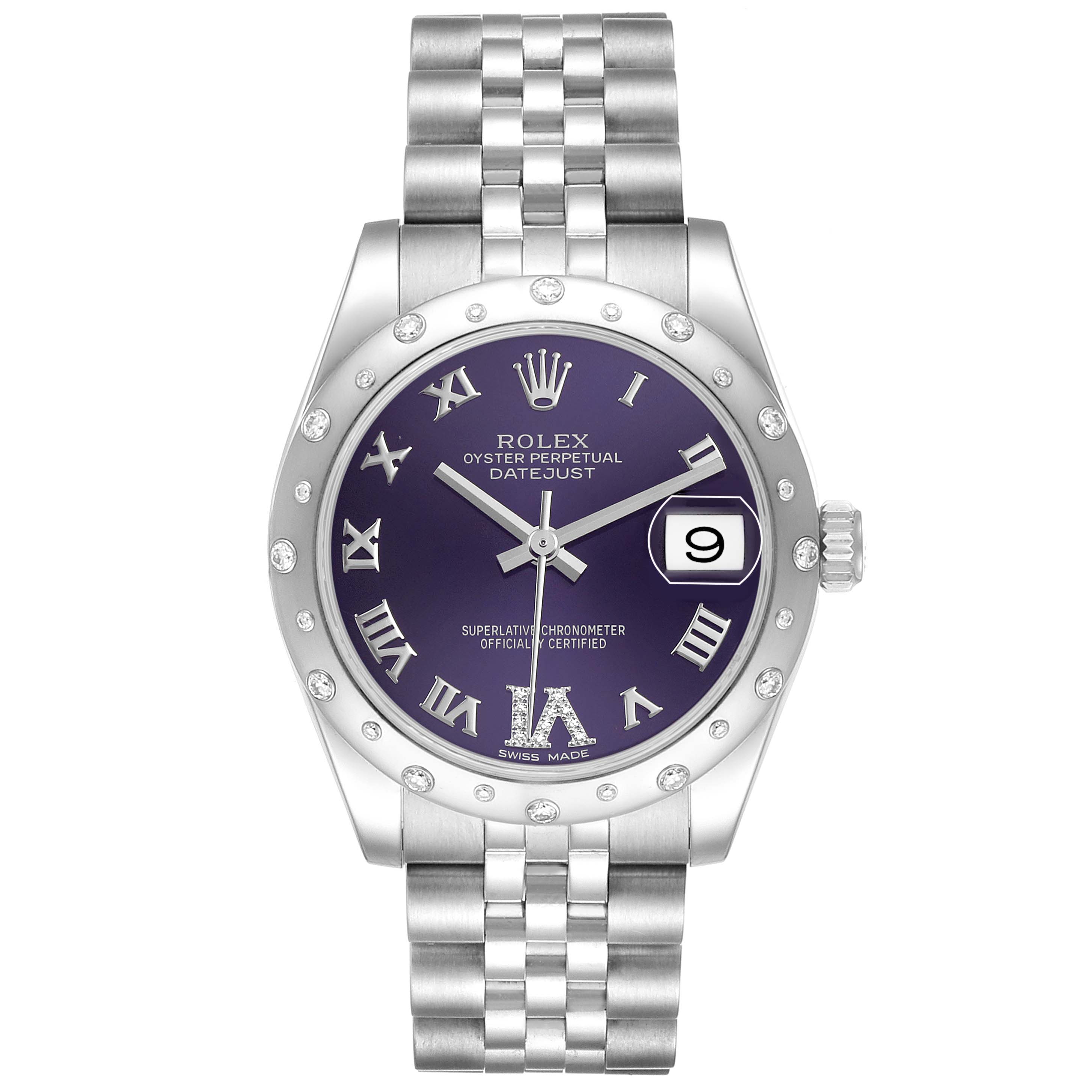 The Rolex Datejust Mid-Size watch is shown from the front, displaying the dial, bezel, bracelet, and date window.