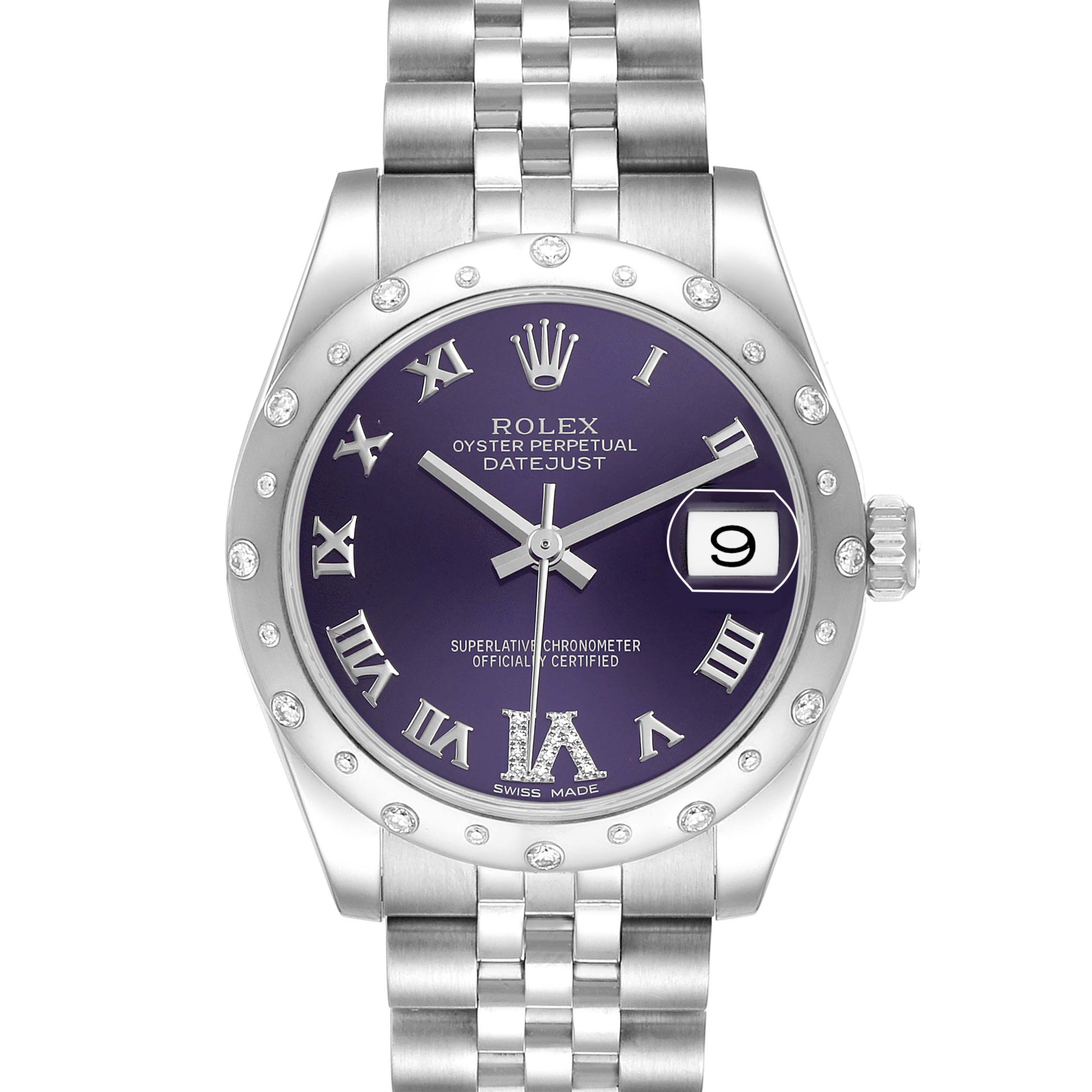 The Rolex Mid-Size 178344 Women's Stainless Steel Purple Dial watch is shown from the front, highlighting the dial, bezel, and bracelet.