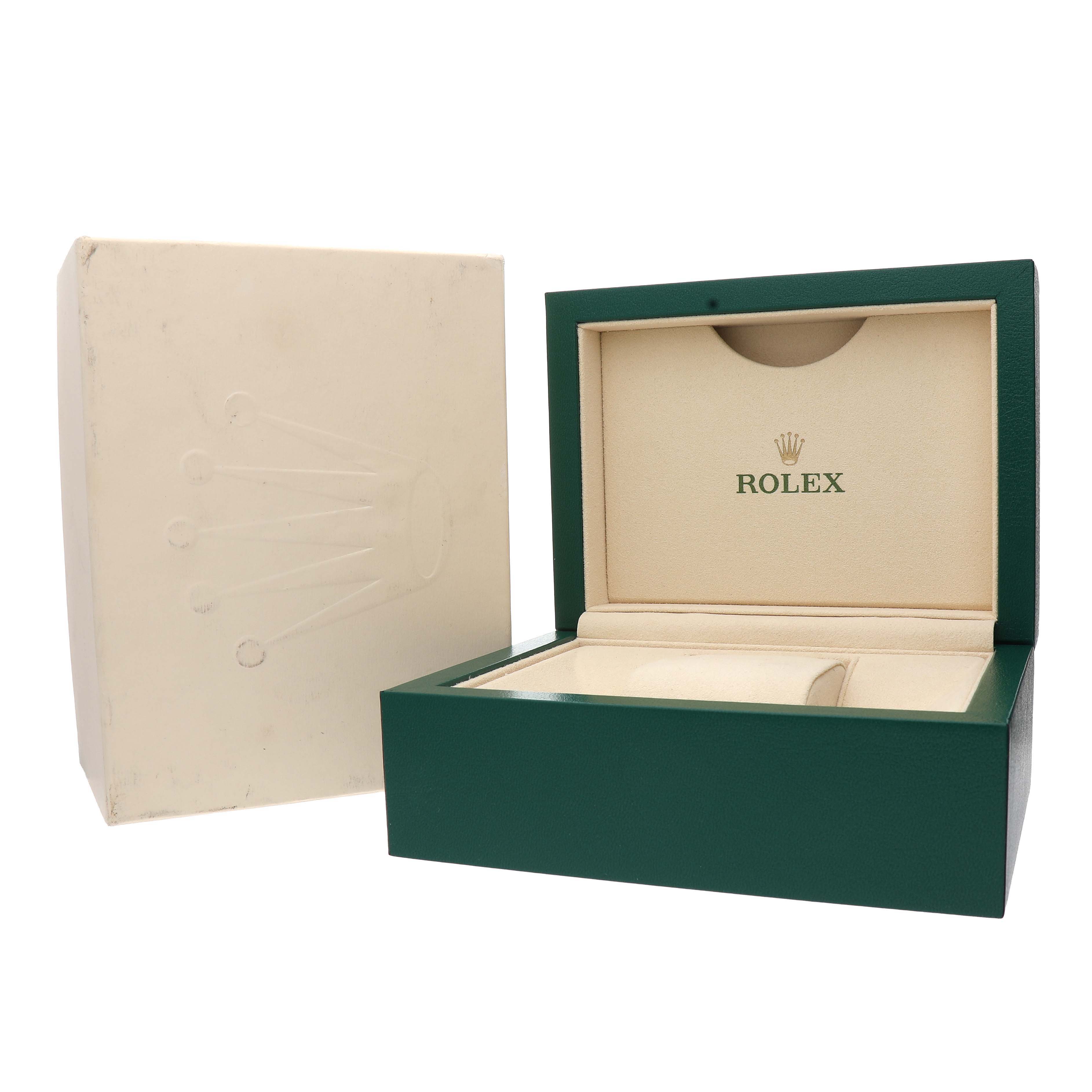 The image shows a Rolex Mid-Size 178344 Women's Stainless Steel Purple Dial model watch box open at a slight angle, revealing the interior with the Rolex logo.