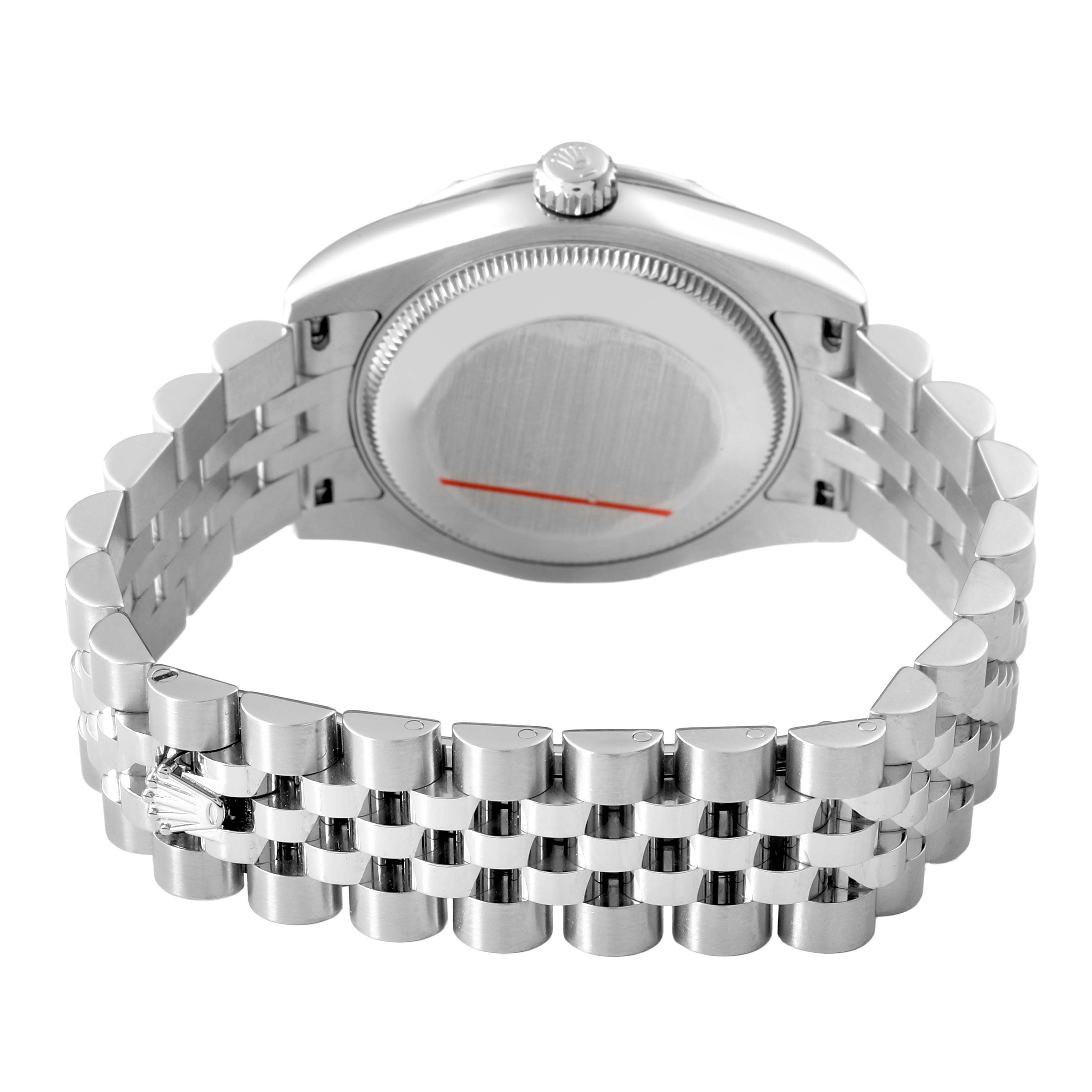 The image shows the back and bracelet of a Rolex Mid-Size 178344 Women's Stainless Steel Purple Dial model watch from a rear angle.