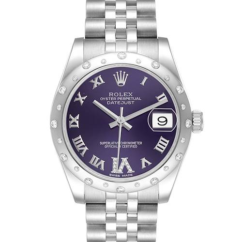 This Rolex Oyster Perpetual Datejust Mid-Size watch is shown from the front, highlighting its dial, bezel, and bracelet.