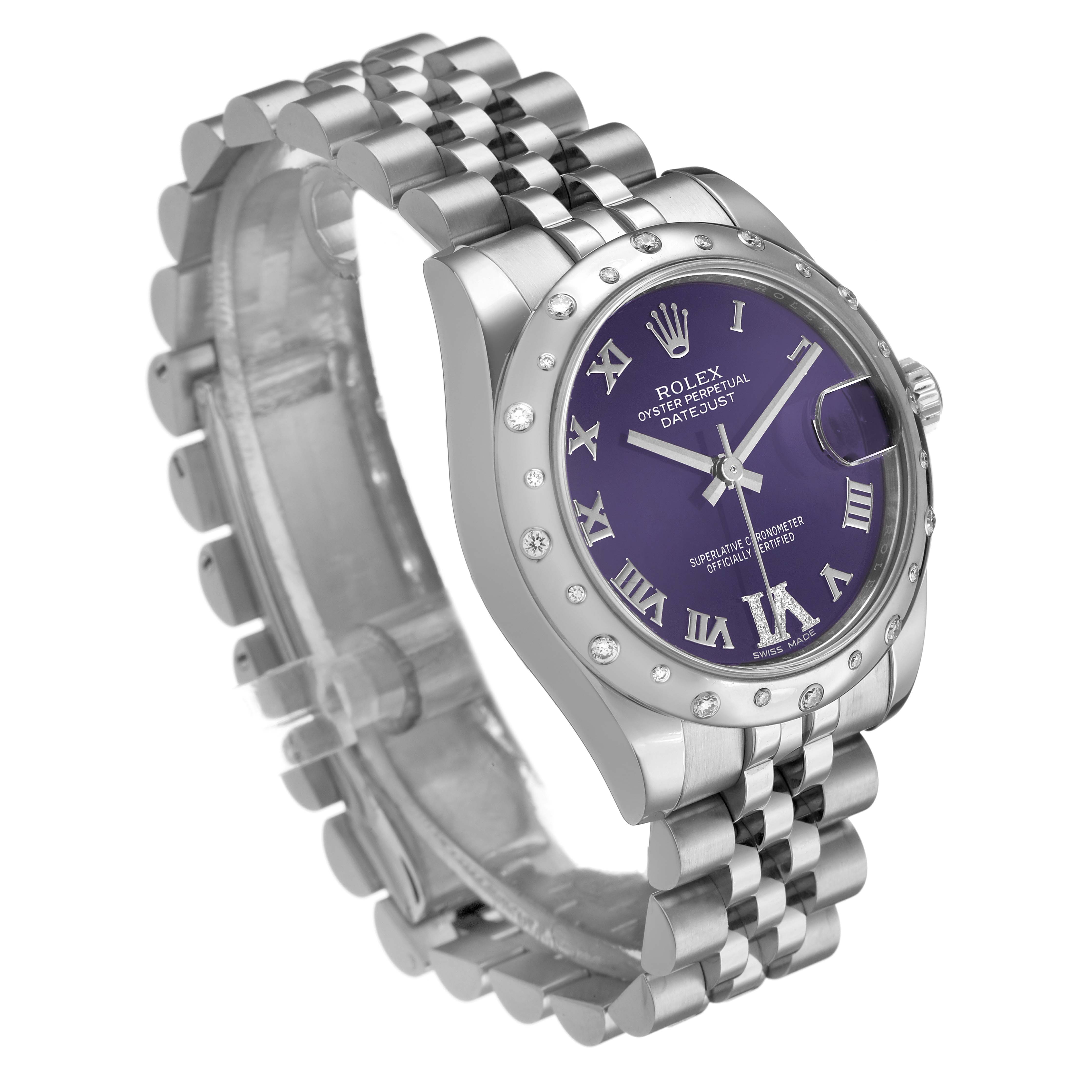 The Rolex Mid-Size 178344 Women's Stainless Steel Purple Dial watch is shown at a three-quarter angle, highlighting the purple dial, bezel, and bracelet.
