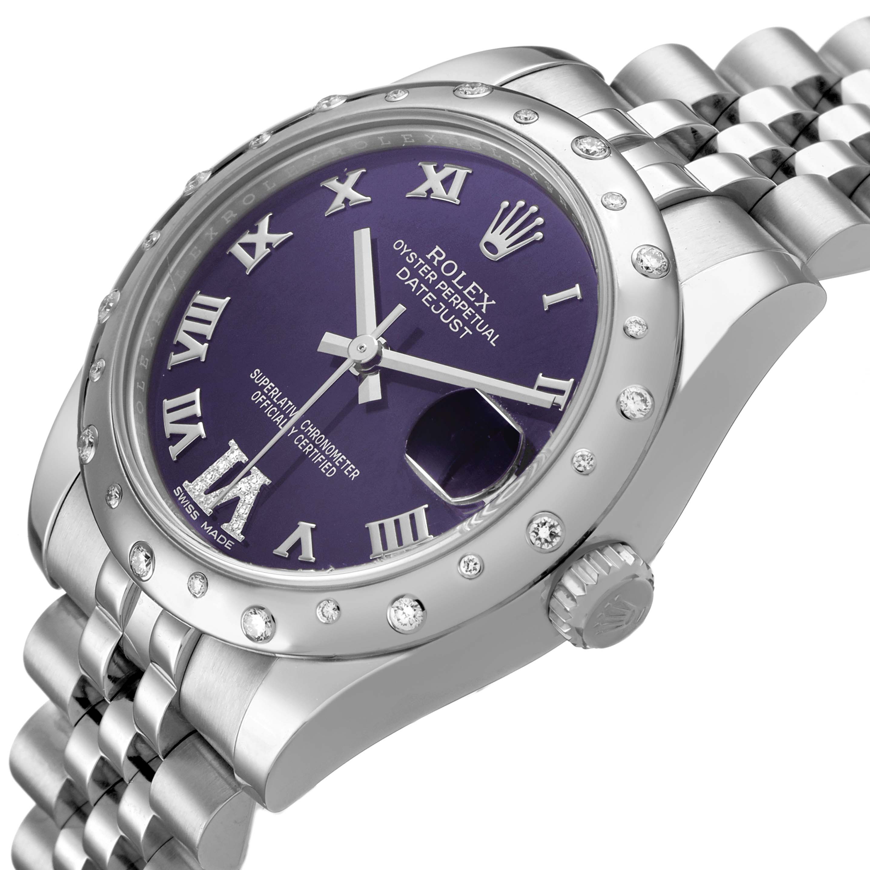 The Rolex Mid-Size 178344 Women's Stainless Steel Purple Dial watch is shown at an angle displaying its face, bezel, crown, and bracelet with a clear view of the purple dial.