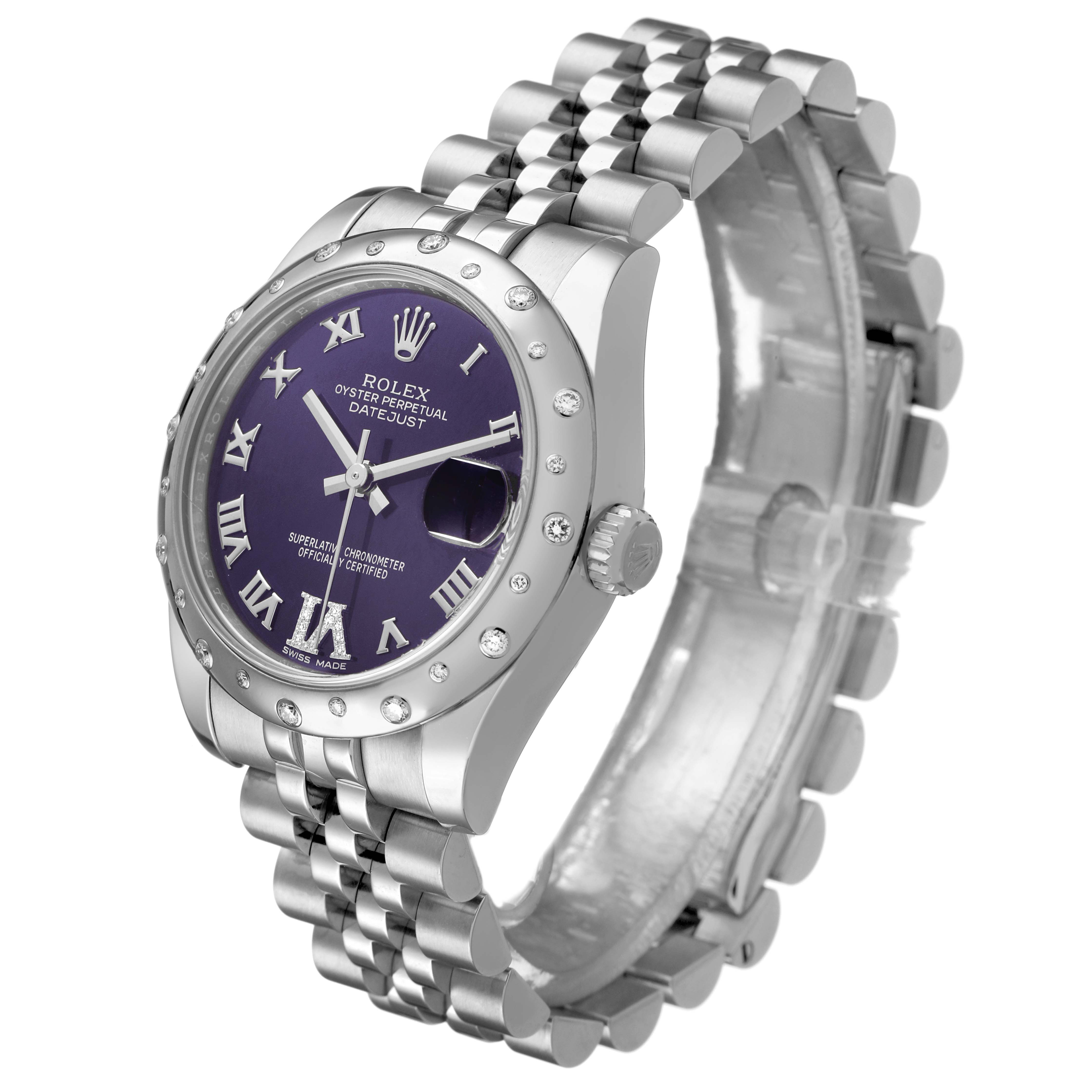 The Rolex Mid-Size 178344 Women's Stainless Steel Purple Dial watch is shown at a three-quarter angle, displaying the face, bezel, and bracelet.