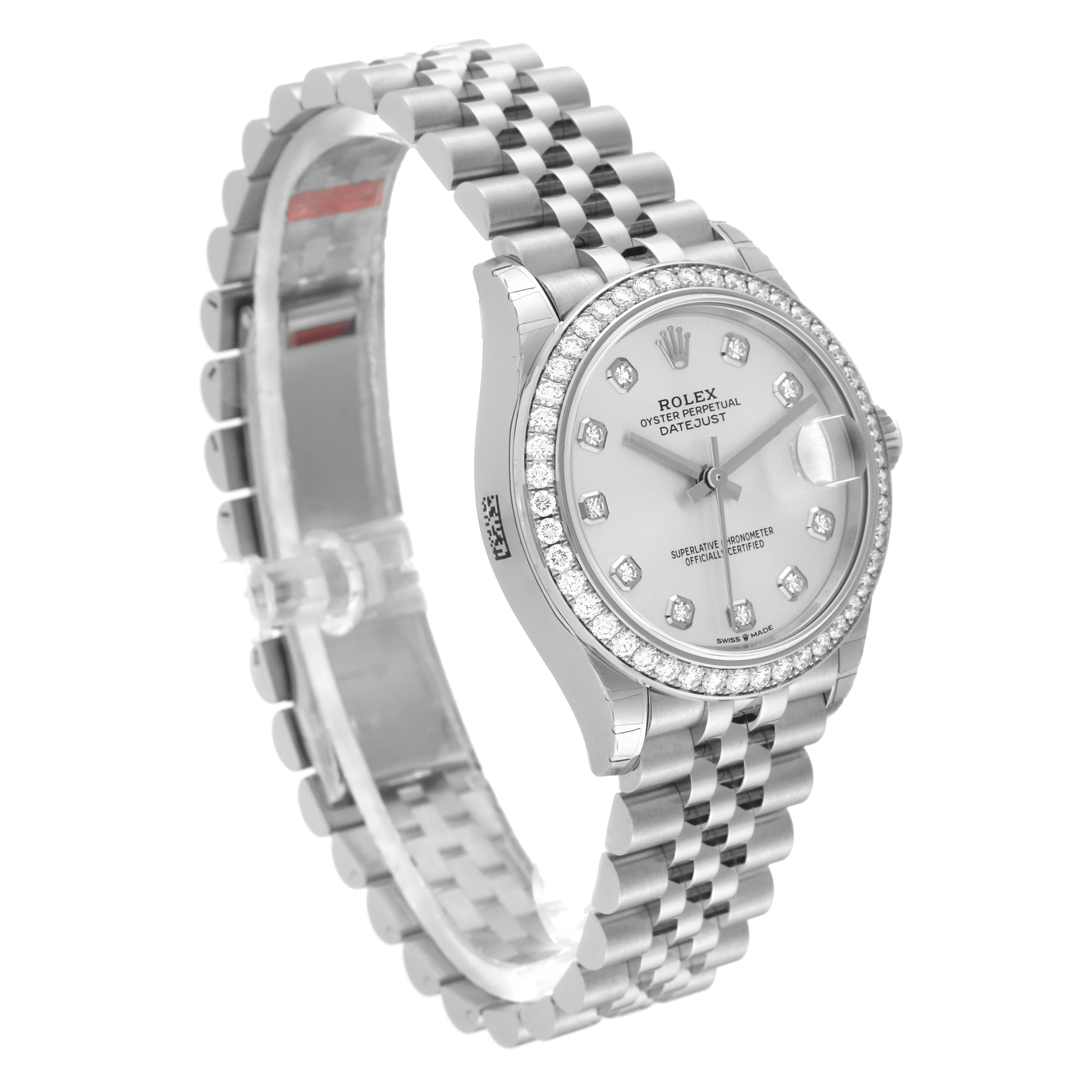 This image shows a side angle view of a Rolex Mid-Size 278384RBR Women
s Stainless Steel Silver Dial 278384RBR Women
s Stainless Steel Silver Dial Datejust watch, highlighting its dial, bezel, and bracelet.