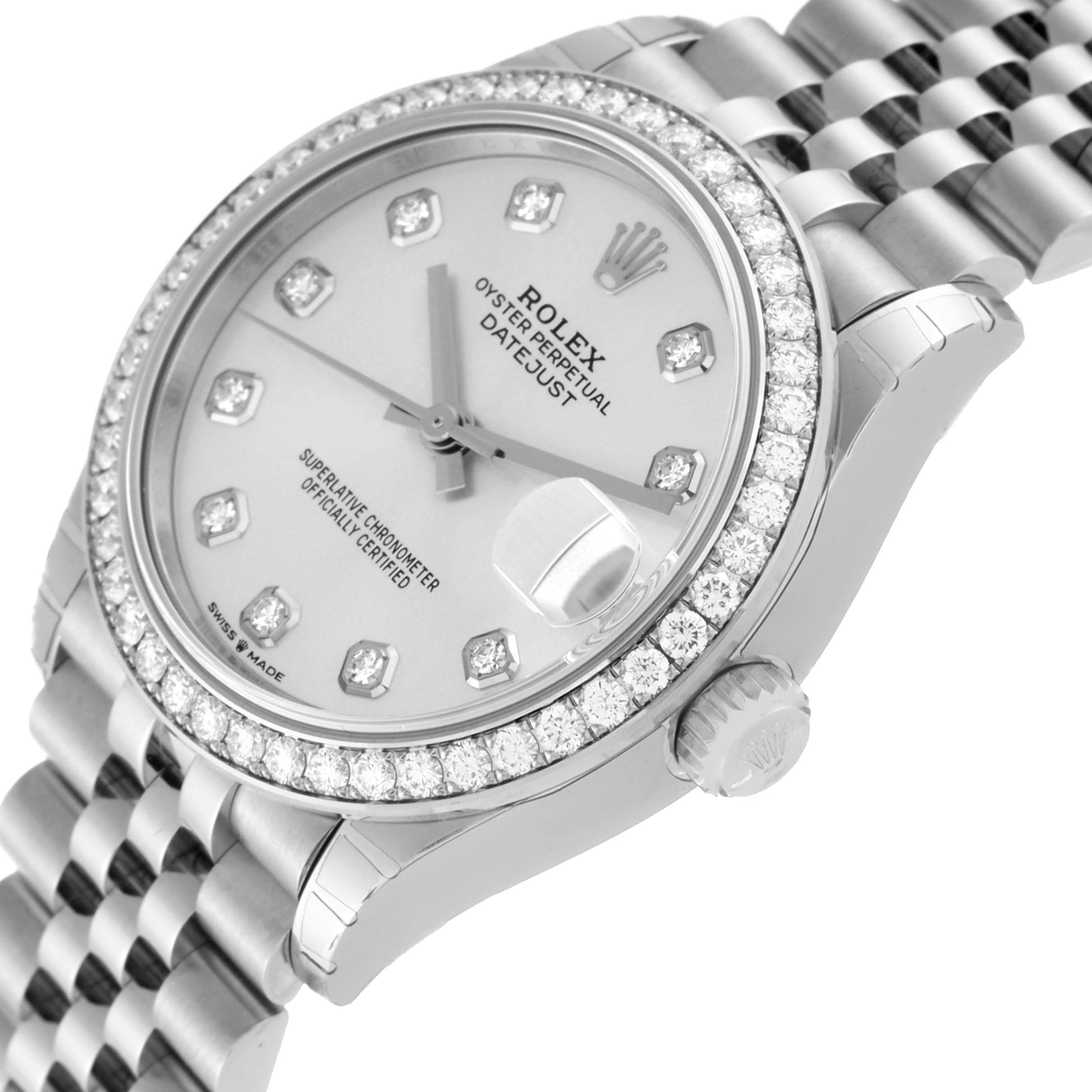 The Rolex Mid-Size 278384RBR Women
s Stainless Steel Silver Dial 278384RBR Women
s Stainless Steel Silver Dial Oyster Perpetual Datejust watch is shown at an angle highlighting its diamond bezel and partial bracelet.