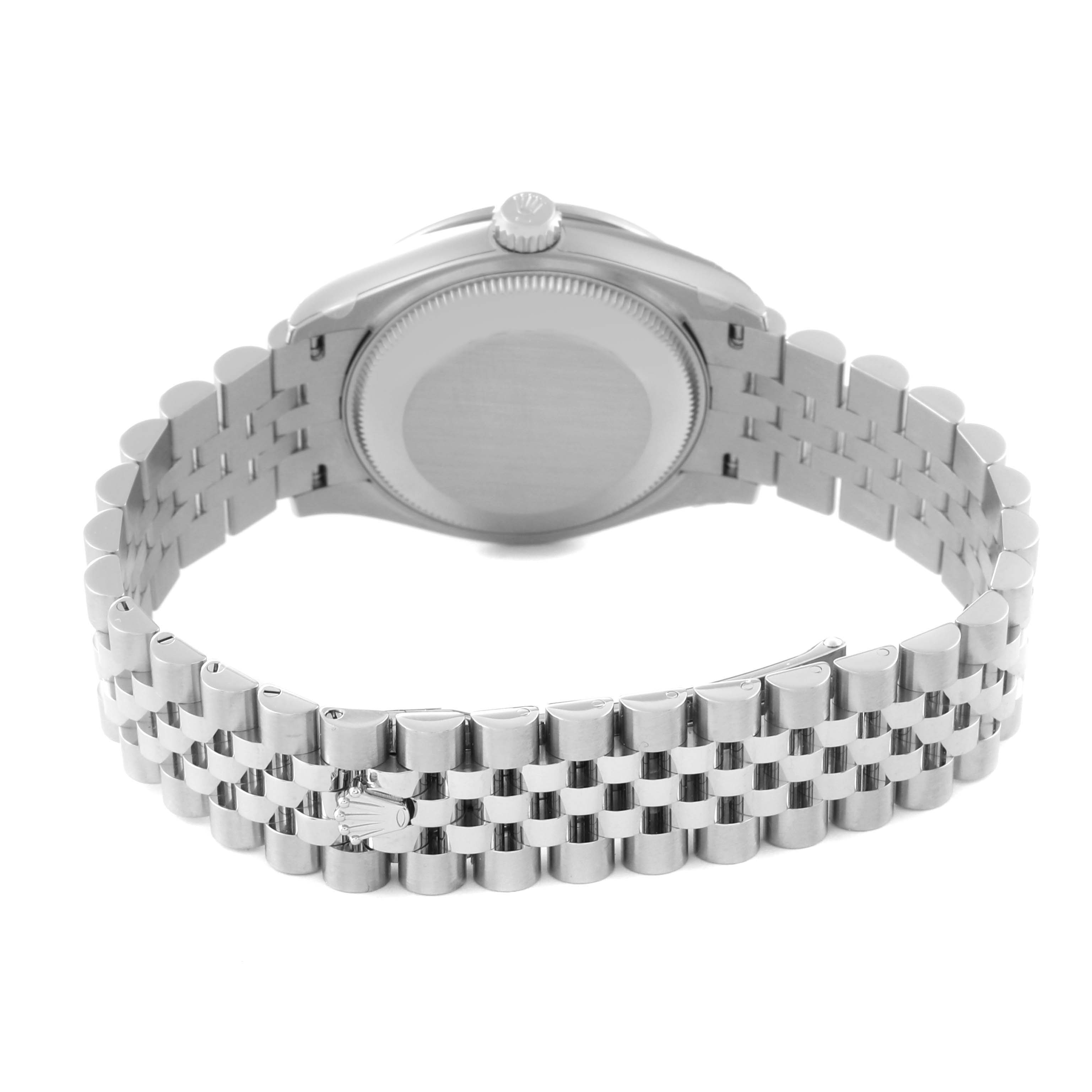 The image shows the back view of the case and the bracelet of a Rolex Mid-Size 278384RBR Women
s Stainless Steel Silver Dial 278384RBR Women
s Stainless Steel Silver Dial model watch.