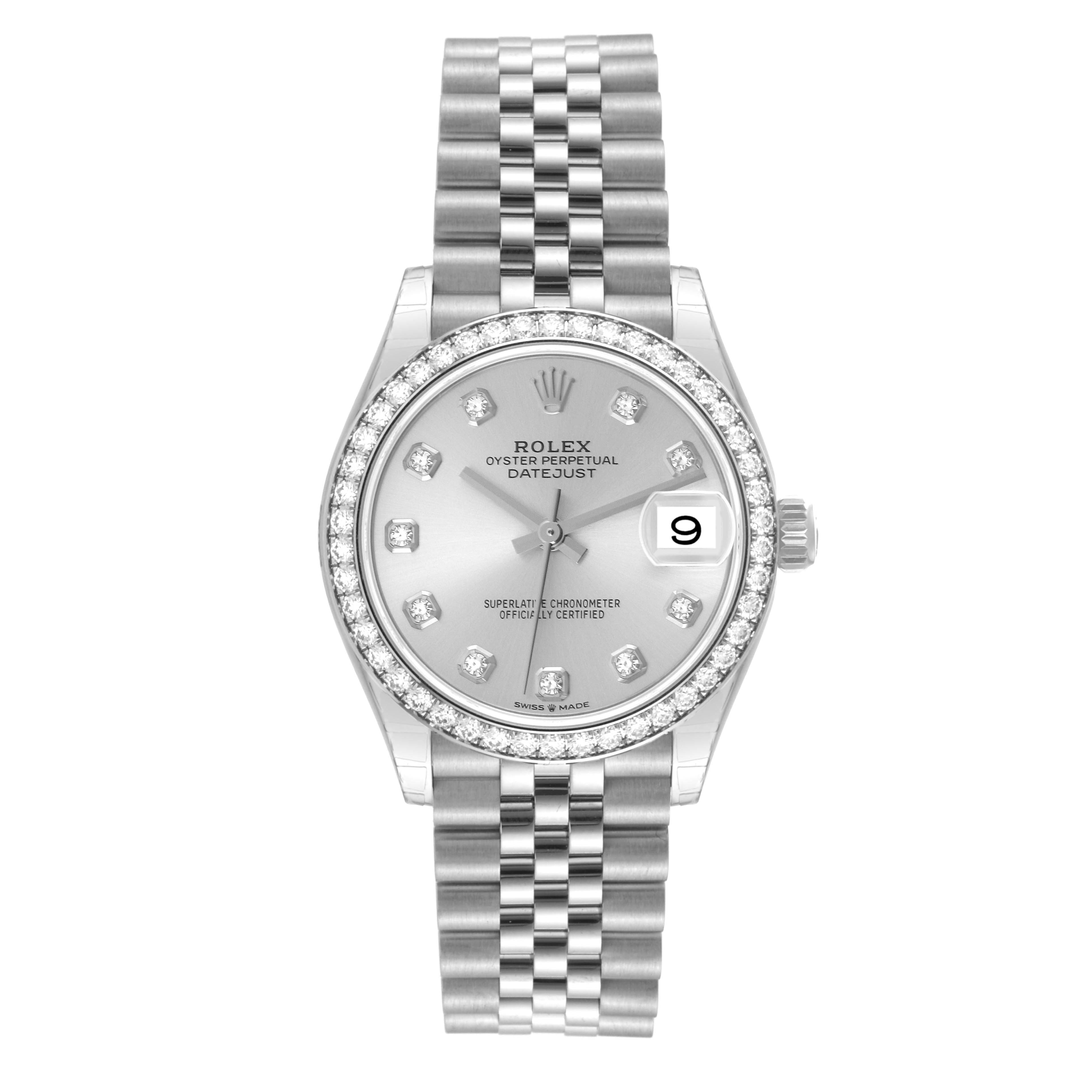 The image shows the front view of a Rolex Oyster Perpetual Datejust Mid-Size watch, featuring its dial, bezel, and bracelet.