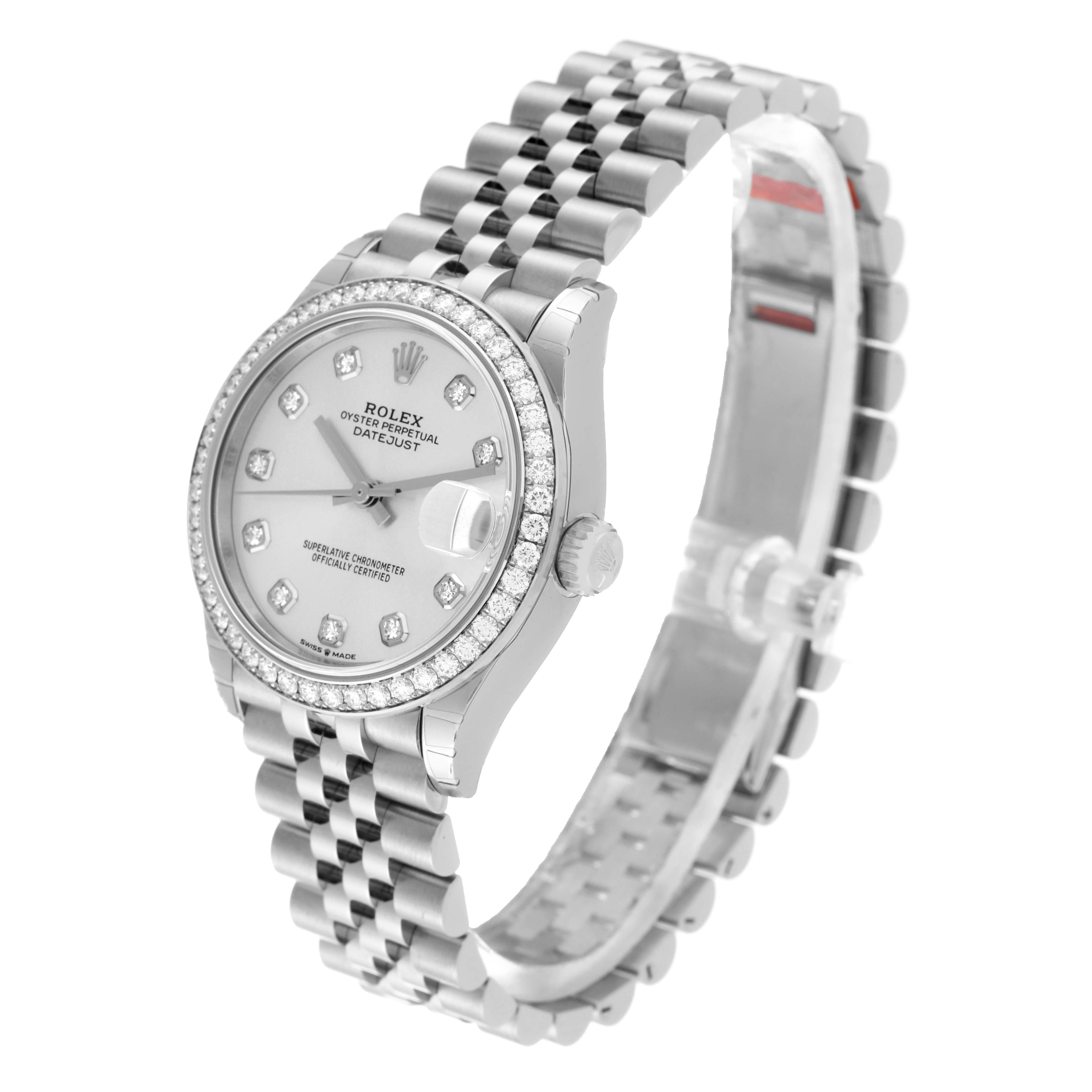 The Rolex Mid-Size 278384RBR Women
s Stainless Steel Silver Dial 278384RBR Women
s Stainless Steel Silver Dial Datejust watch is shown from a three-quarter angle, displaying the bezel, dial, bracelet, and crown.