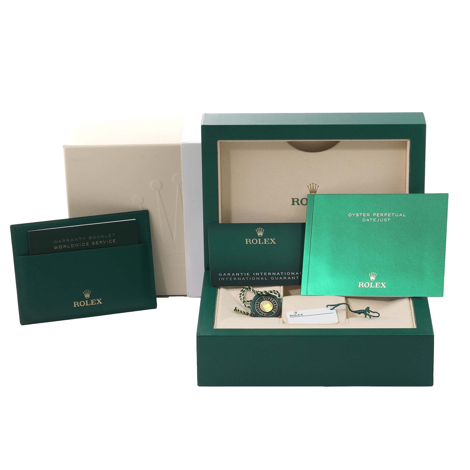 This image shows the packaging and accessories of a Mid-Size Rolex watch, including the box, booklets, and tags.