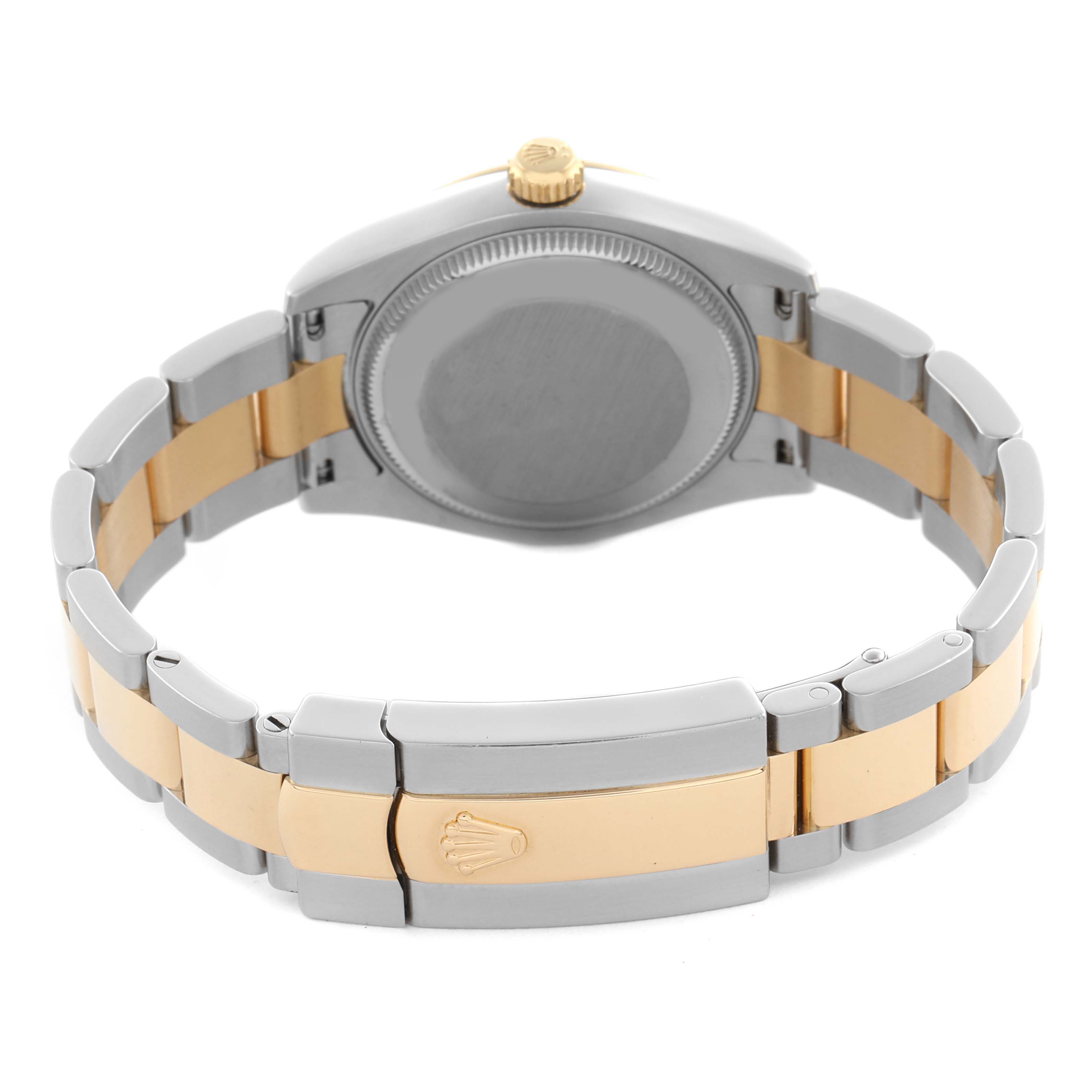 The image shows the back of a Rolex Mid-Size 178273 Women's Steel and Gold (two tone) Mother of Pearl Dial 178273 Women's Steel and Gold (two tone) Mother of Pearl Dial watch, highlighting the bracelet and clasp from a rear angle.