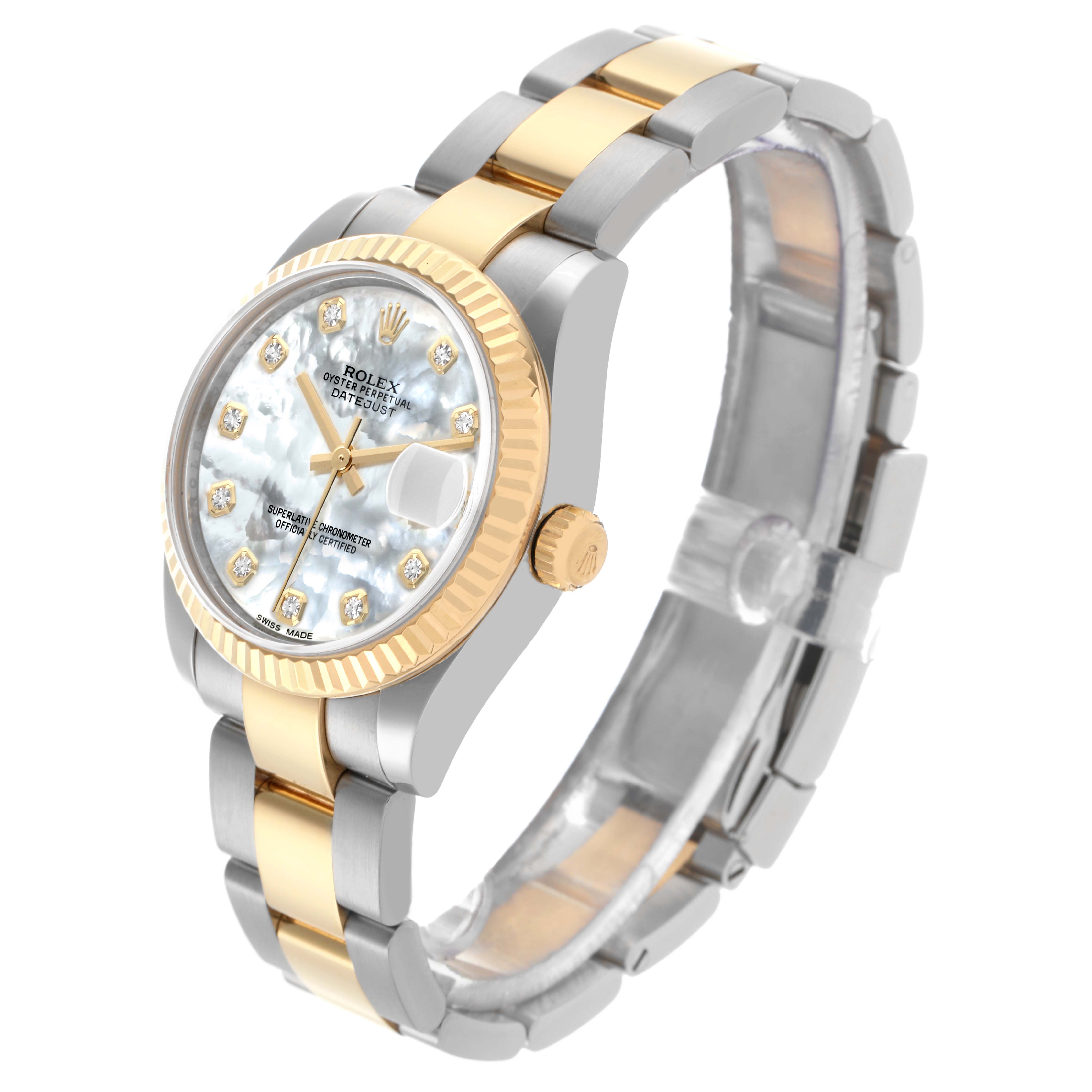 The Rolex Mid-Size 178273 Women's Steel and Gold (two tone) Mother of Pearl Dial 178273 Women's Steel and Gold (two tone) Mother of Pearl Dial watch is shown at a three-quarter angle, highlighting its bezel, dial, bracelet, and crown.